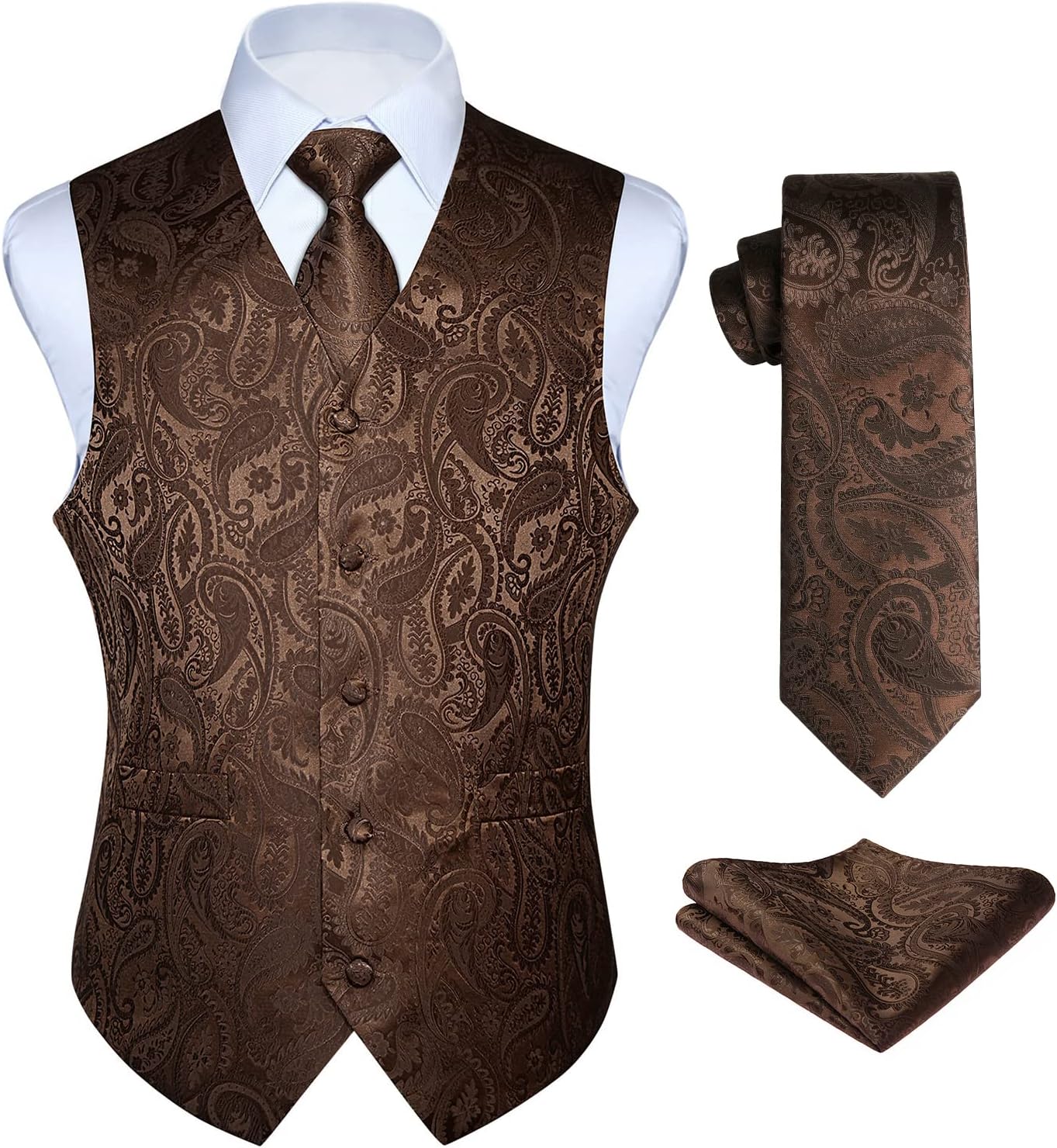 Men's Brown Paisley Vest Tie Set For Weddings Anniversary