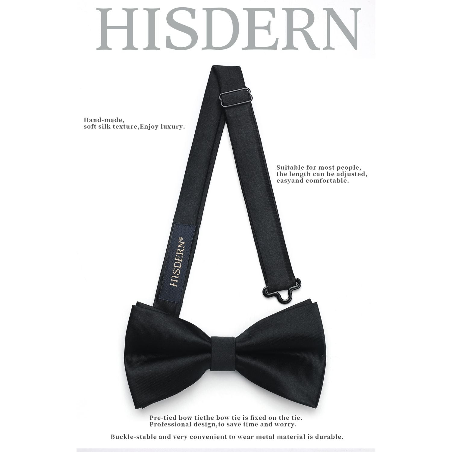 Black Solid Pre-Tied Bow Tie For Evening Wear - Image 3