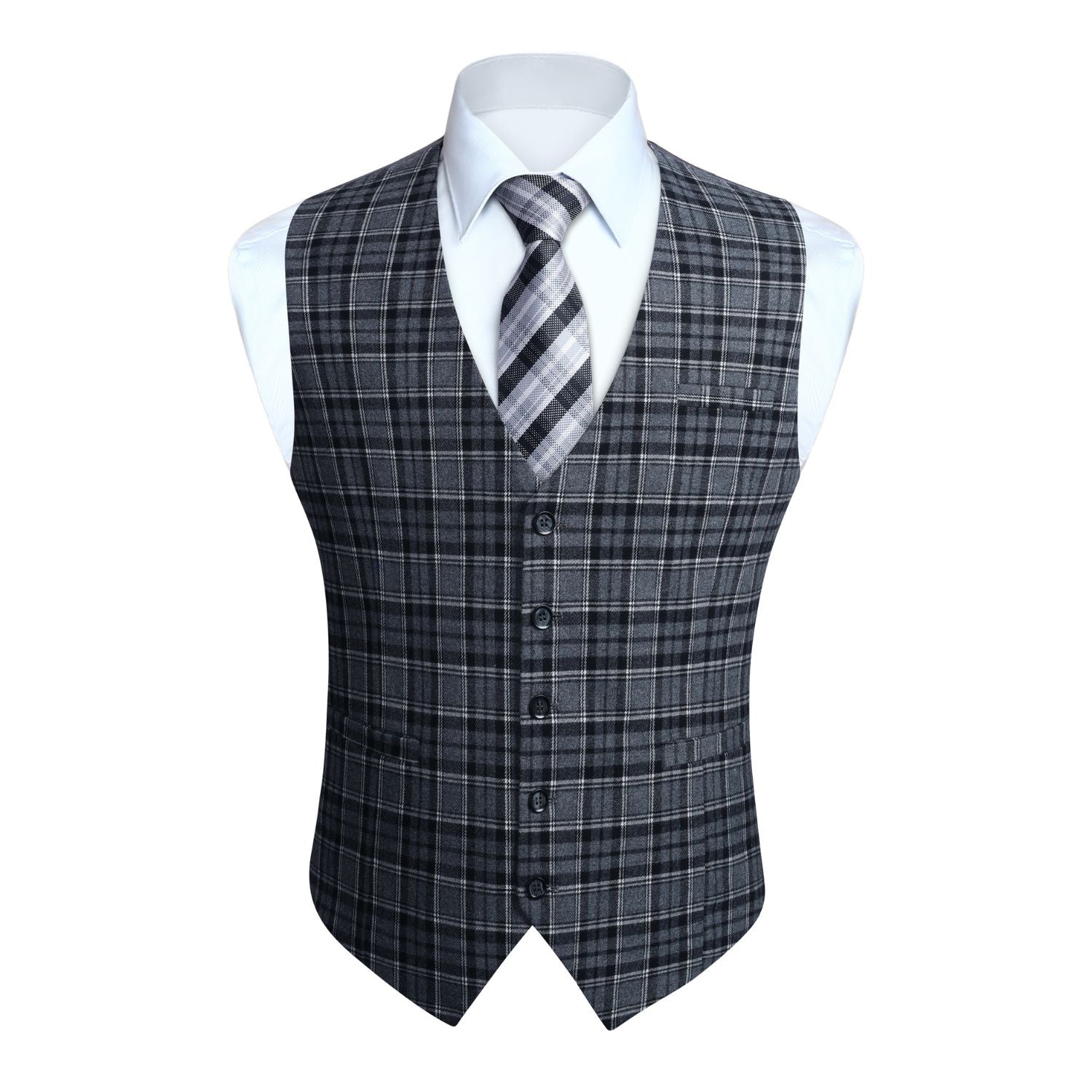 Men's Grey Plaid Wedding Vest For Skinny Guys