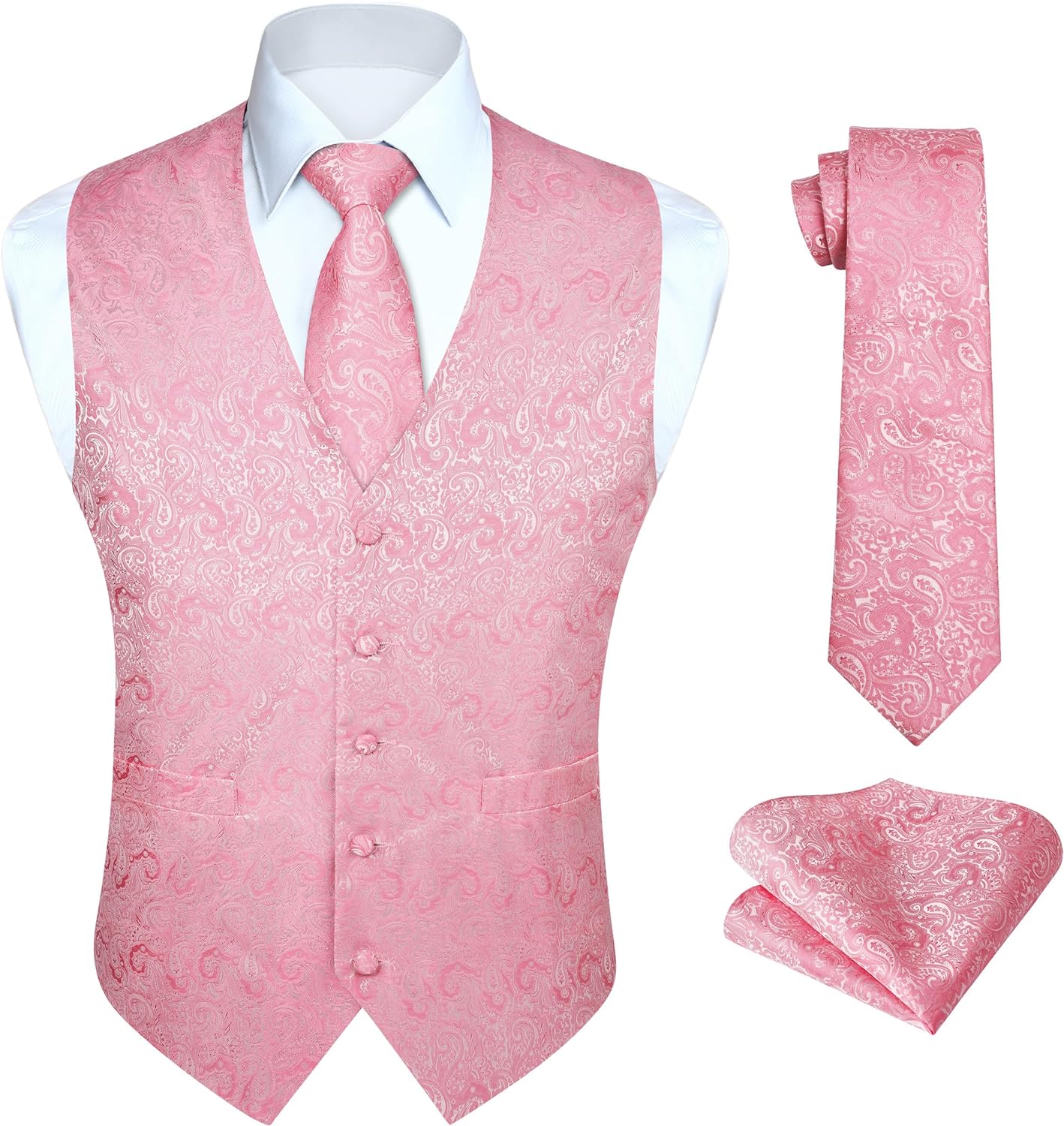 Men's Pink Paisley Vest Tie Set For Weddings