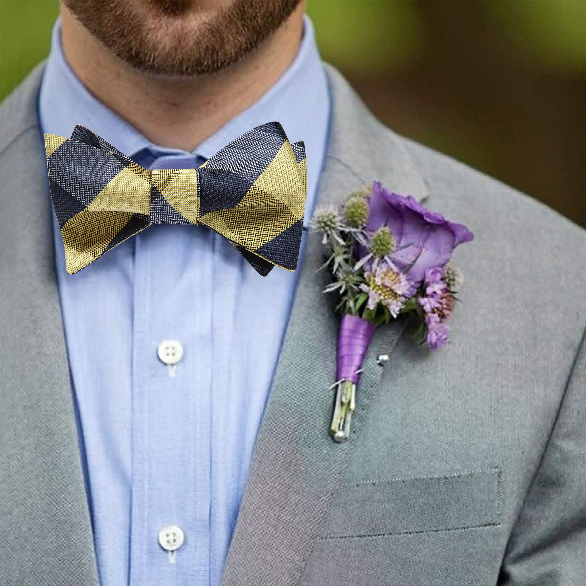 Navy Blue Yellow Plaid Bow Tie Set For Special Occasions - Image 2