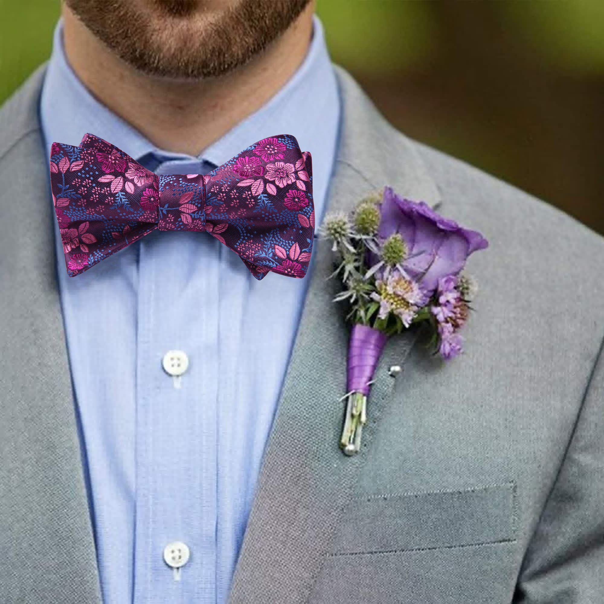 Fuschia Floral Bow Tie Set For Evening Wear - Image 3