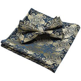 Vintage Blue Paisley Pre-Tied Bow Tie Set For Wedding