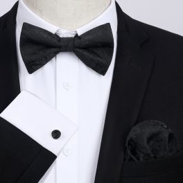 Black Paisley Pre-Tied Bow Tie Handkerchief With Cufflinks