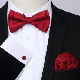 Red Paisley Pre-Tied Bow Tie Handkerchief With Cufflinks