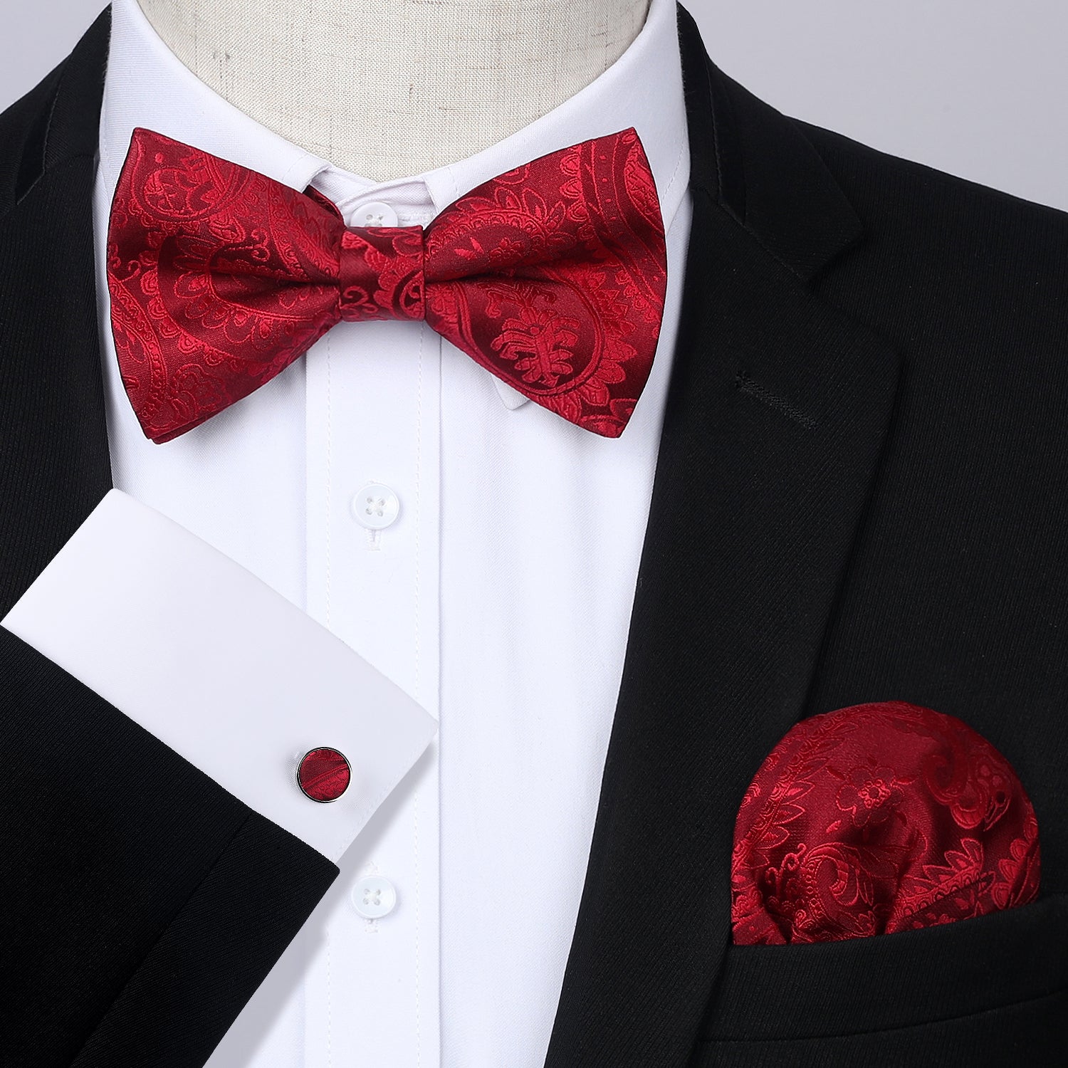 Red Paisley Pre-Tied Bow Tie Handkerchief With Cufflinks