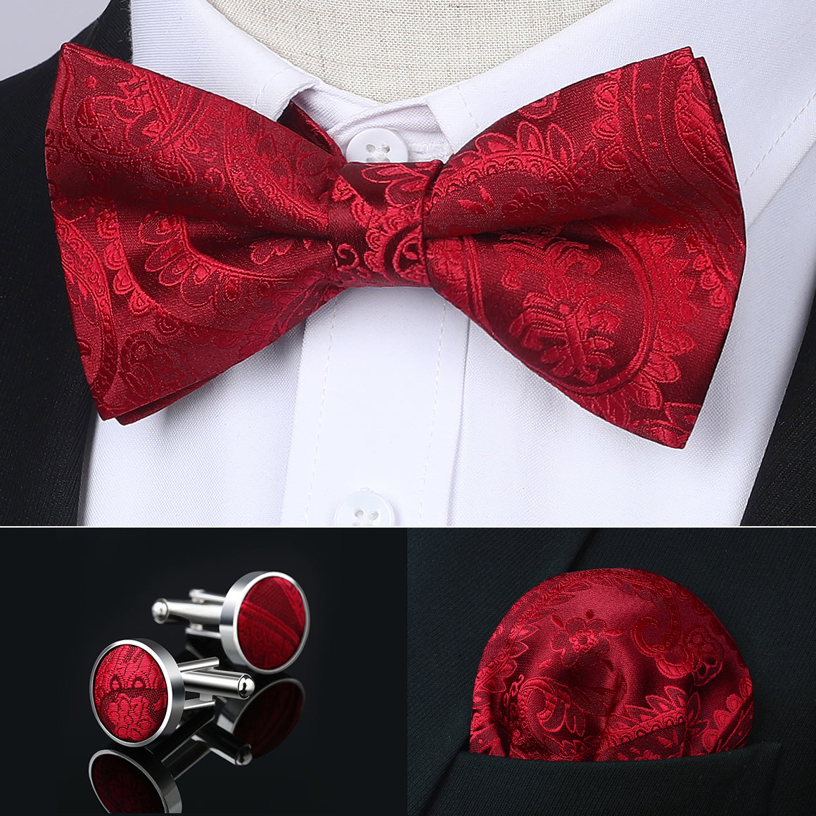 Red Paisley Pre-Tied Bow Tie Handkerchief With Cufflinks - Image 3