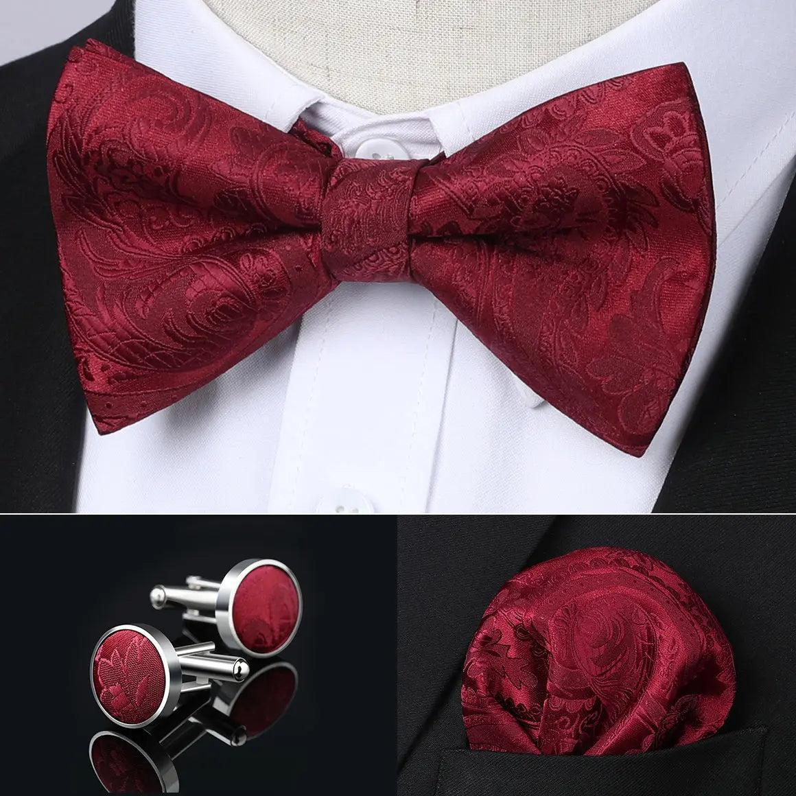 Vintage Burgundy Paisley Pre-Tied Bow Tie Handkerchief With Cufflinks - Image 3