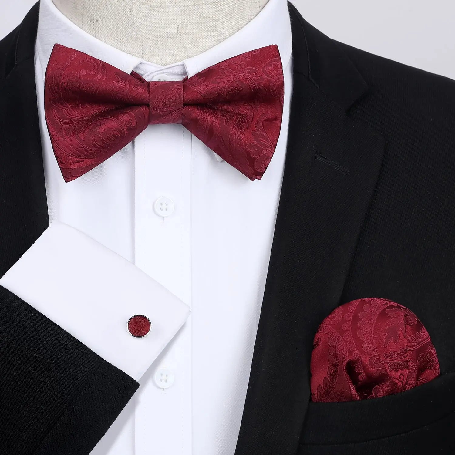 Vintage Burgundy Paisley Pre-Tied Bow Tie Handkerchief With Cufflinks - Image 2
