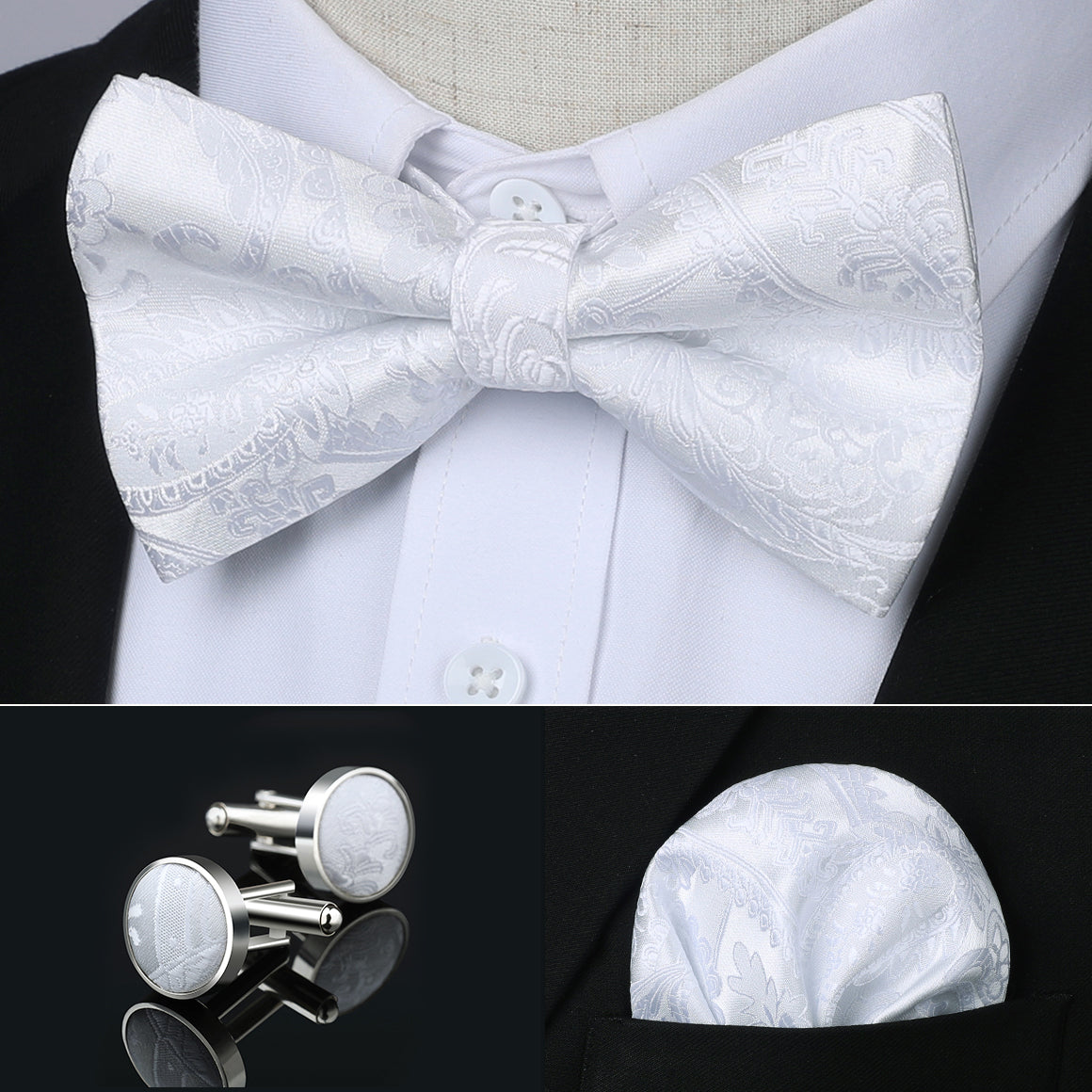 White Paisley Pre-Tied Bow Tie Handkerchief With Cufflinks - Image 3