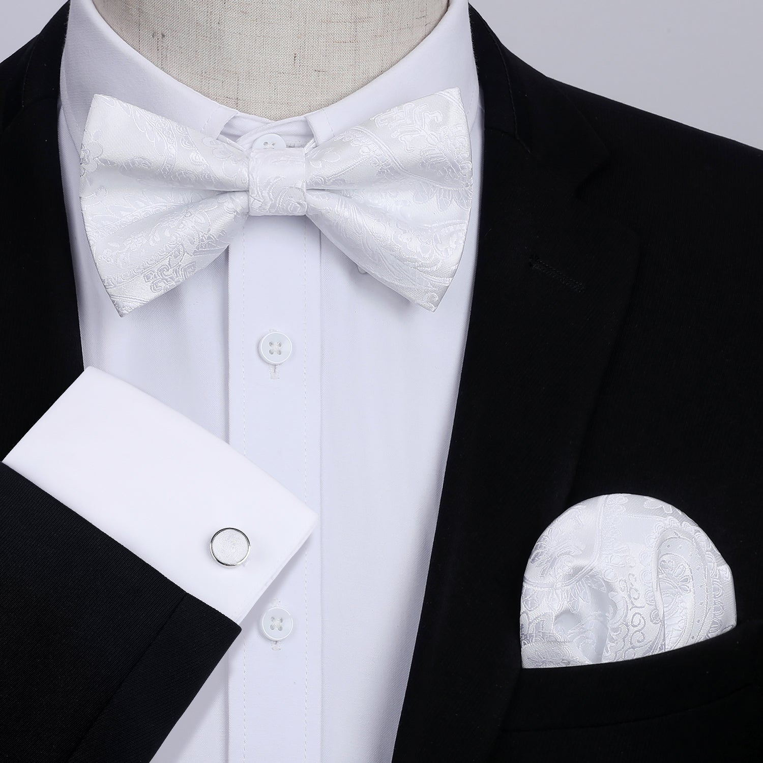 White Paisley Pre-Tied Bow Tie Handkerchief With Cufflinks - Image 2