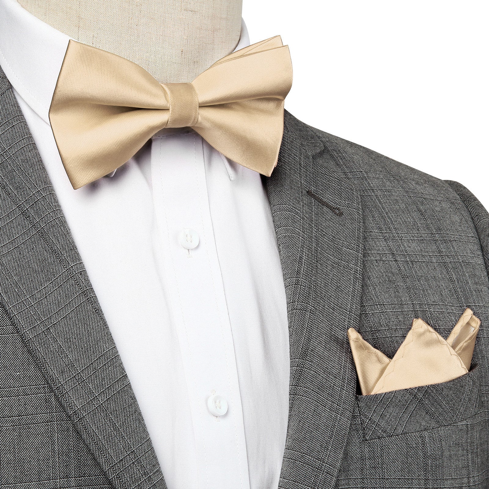 Champagne Solid Pre-Tied Bow Tie Accessories Set For Evening Wear - Image 3