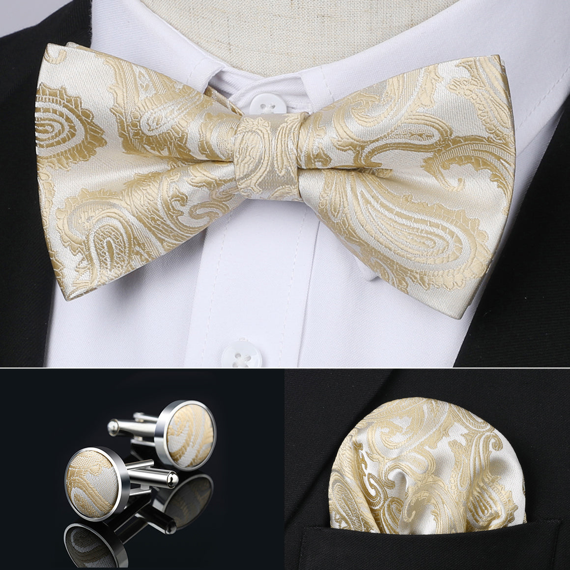 Champagne Paisley Pre-Tied Bow Tie Handkerchief With Cufflinks - Image 3