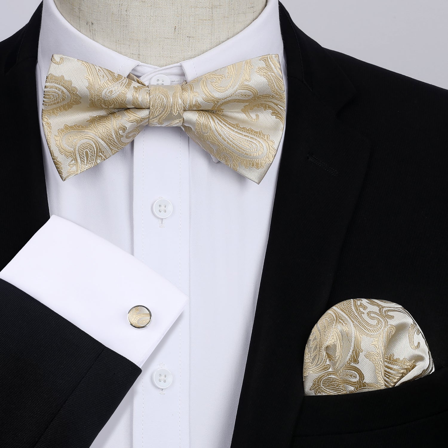 Champagne Paisley Pre-Tied Bow Tie Handkerchief With Cufflinks - Image 2