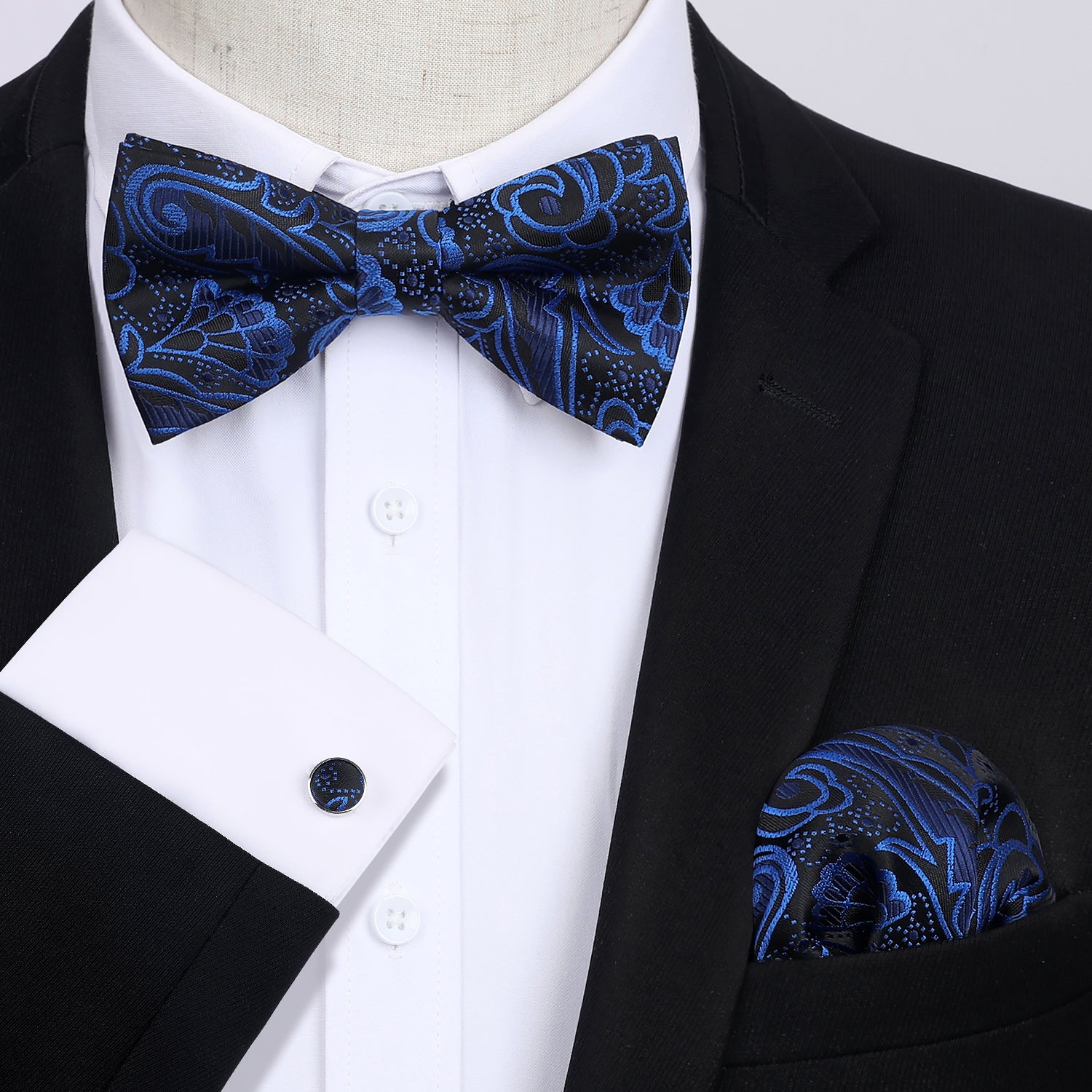 Navy Blue Paisley Pre-Tied Bow Tie Handkerchief With Cufflinks