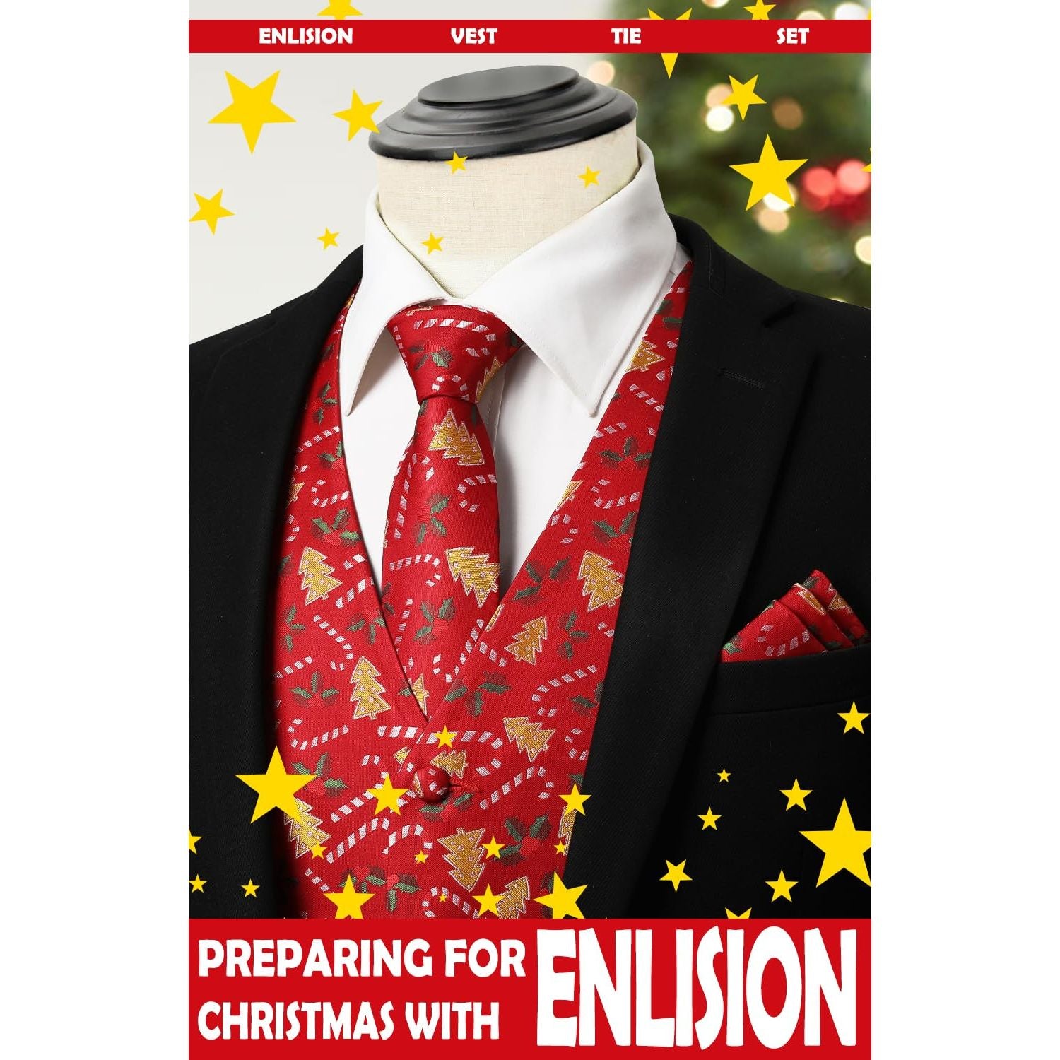 Men's Christmas Suit Vest Tie Set Red Holiday Party Waistcoat - Image 2