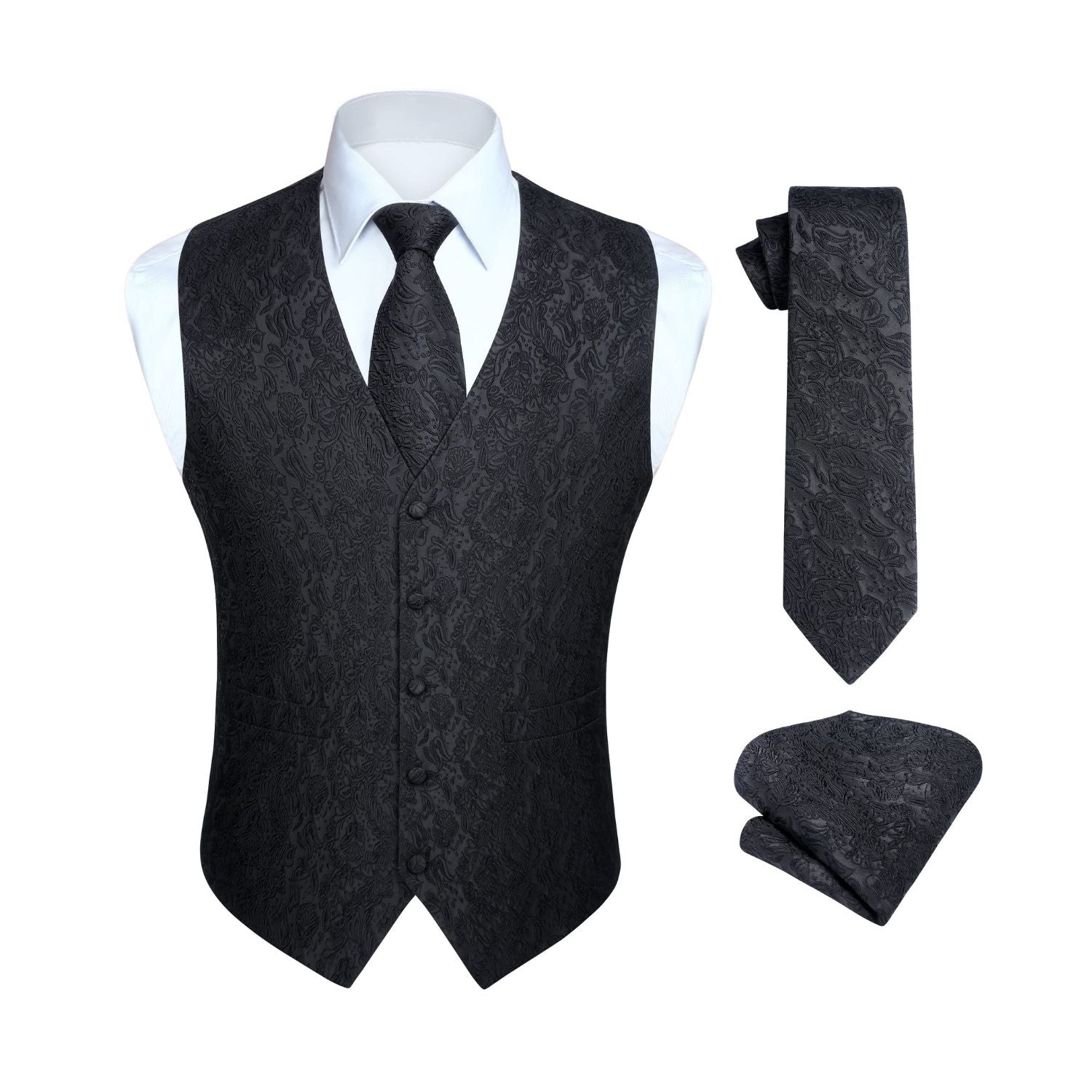 Men's Black Paisley Vest Tie Set For Weddings Anniversary
