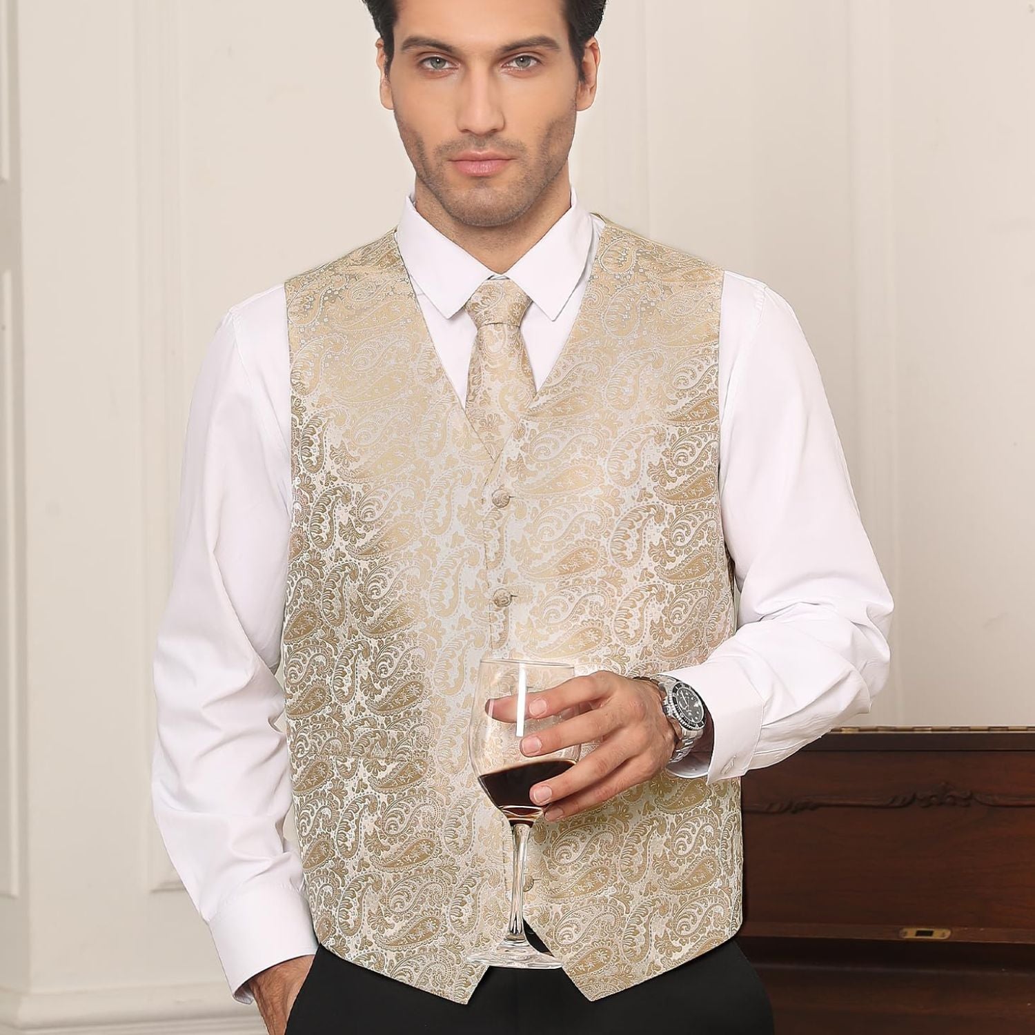 Men's Champagne Gold Paisley Vest Tie Set For Weddings - Image 2