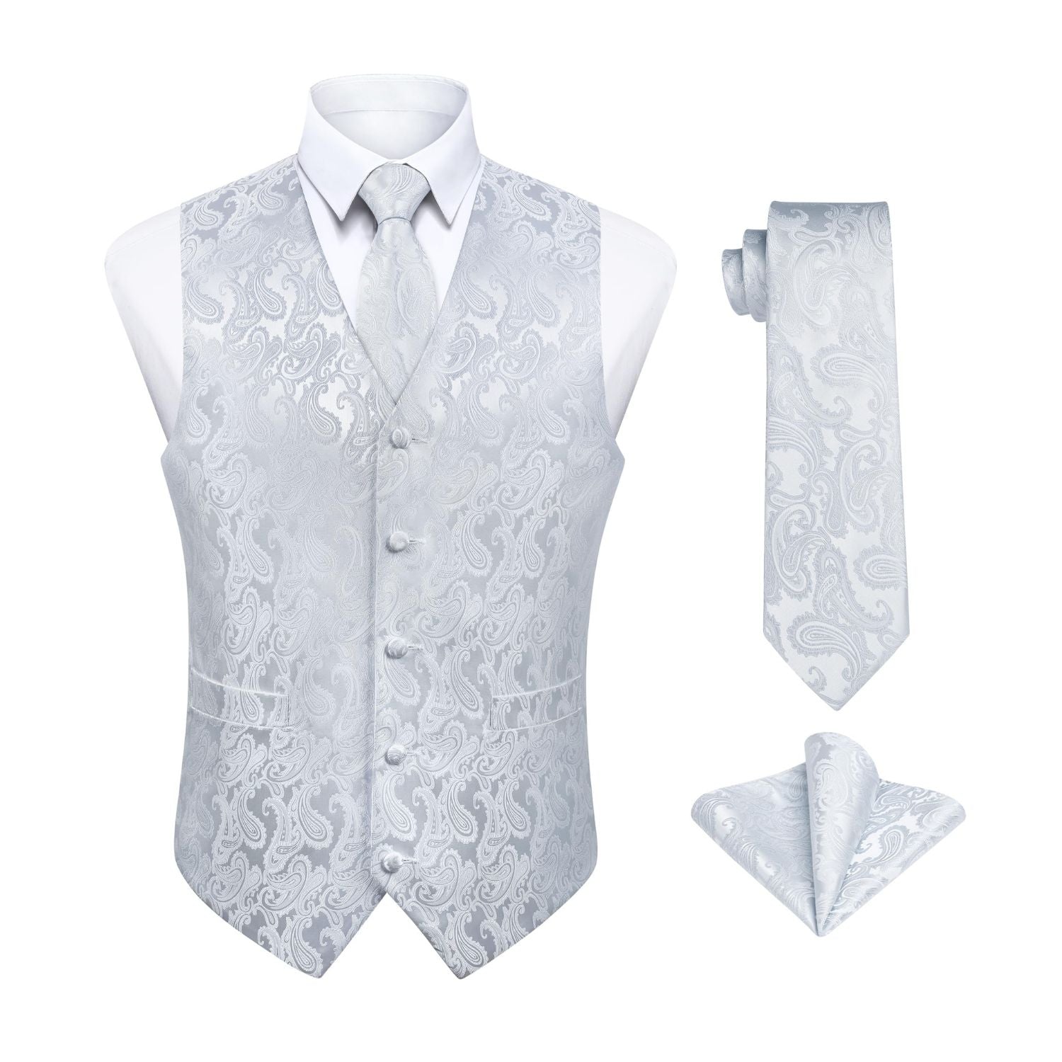 Men's White Paisley Vest Tie Set For Weddings Anniversary