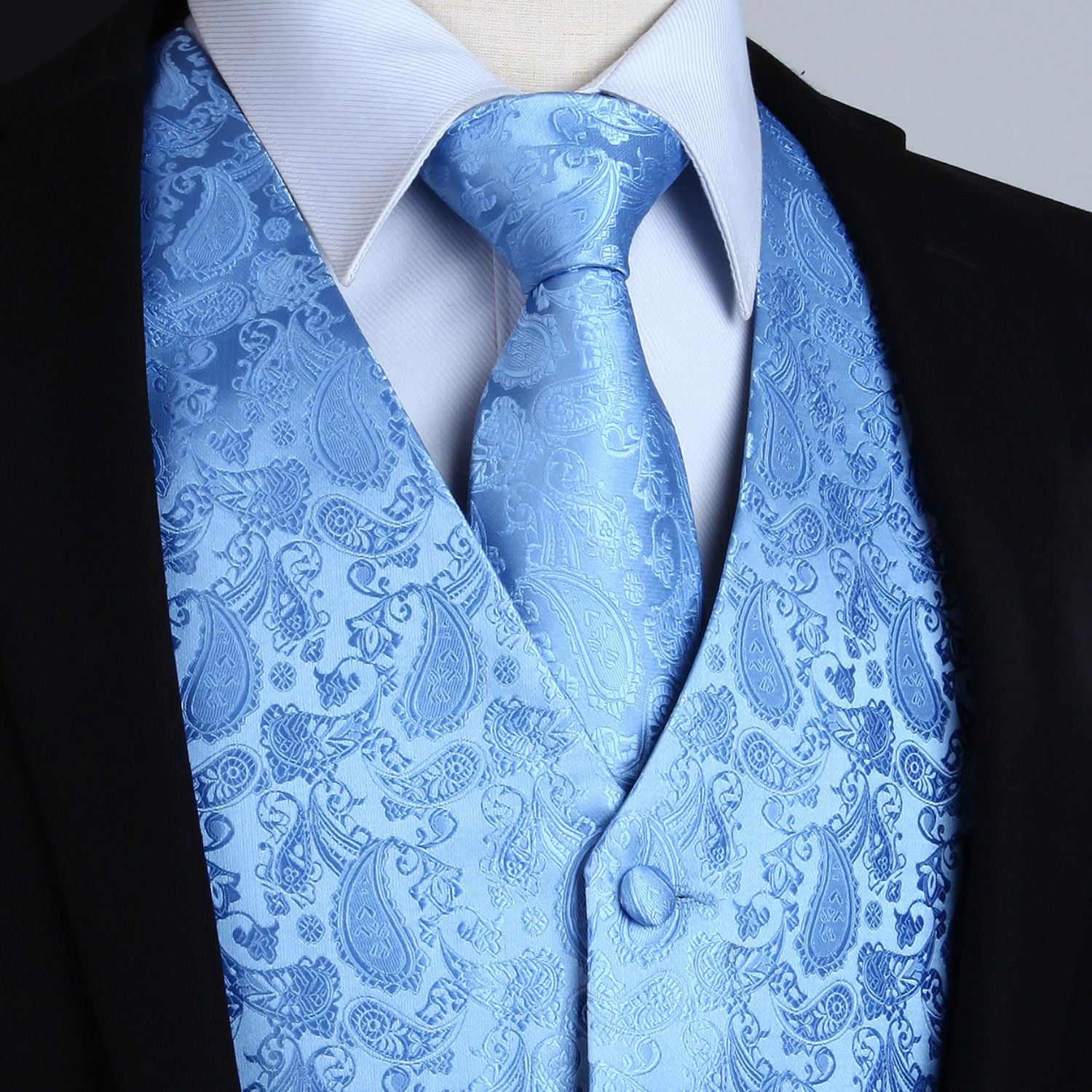 Men's Baby Blue Paisley Vest Tie Set For Weddings - Image 2