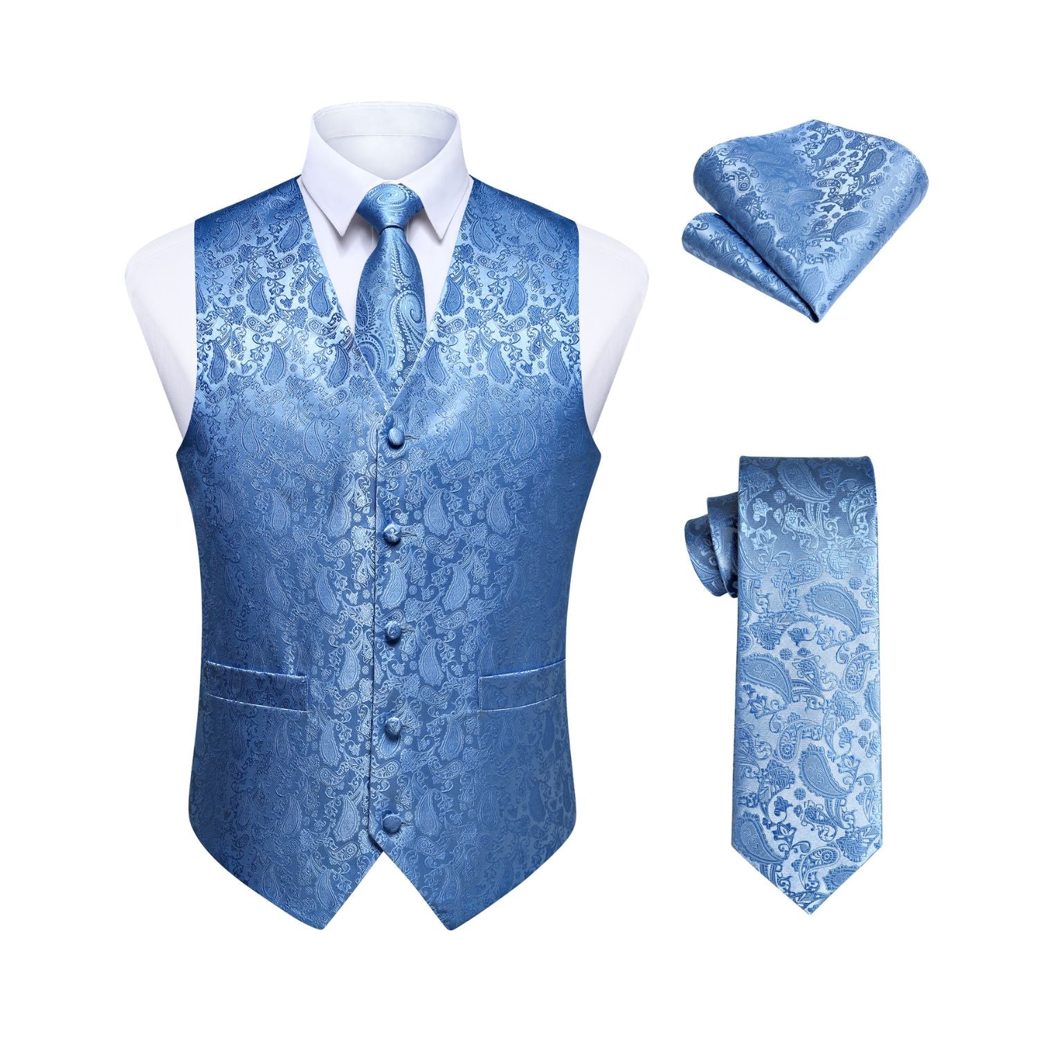 Men's Baby Blue Paisley Vest Tie Set For Weddings