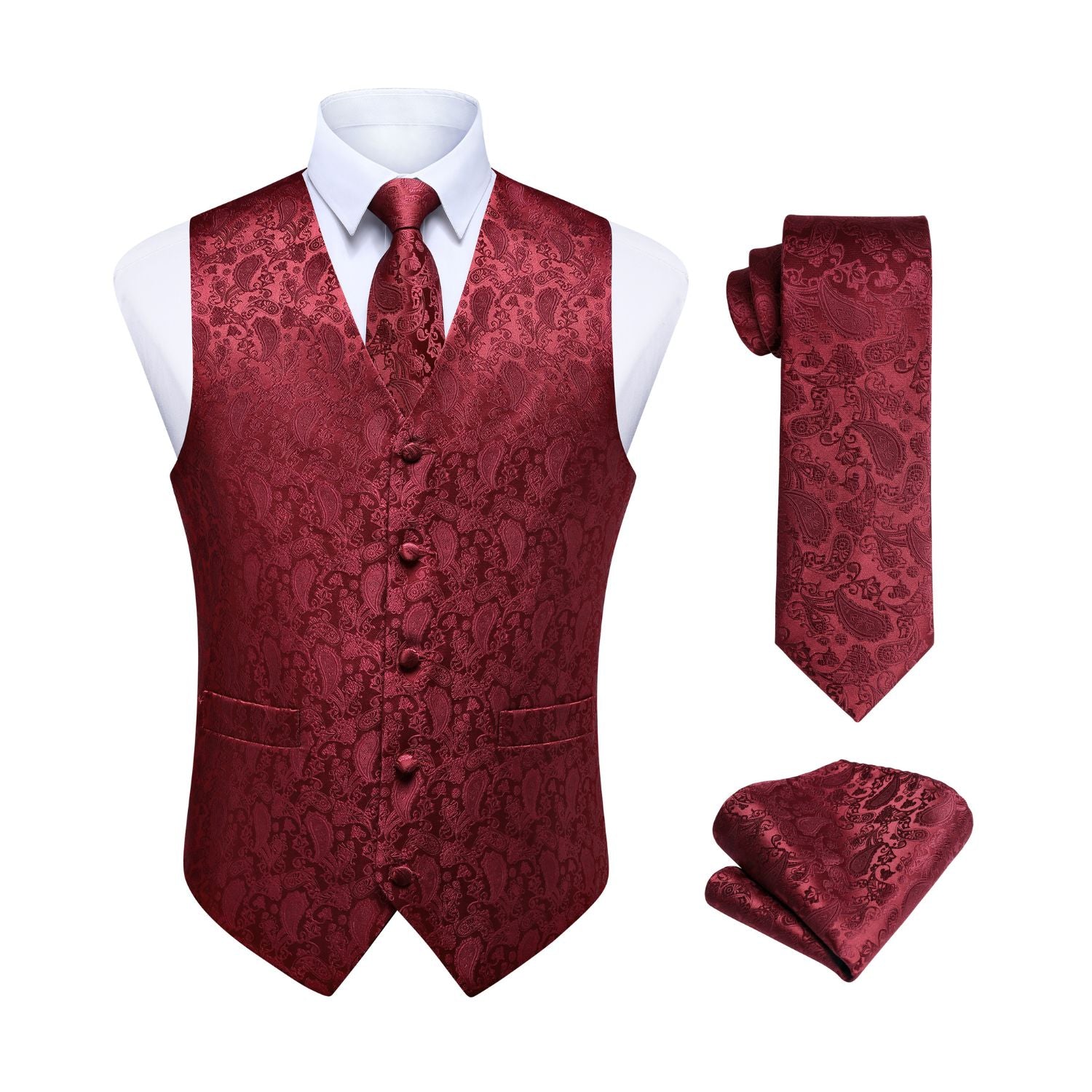 Men's Wine Red Paisley Suit Vest Set For Weddings