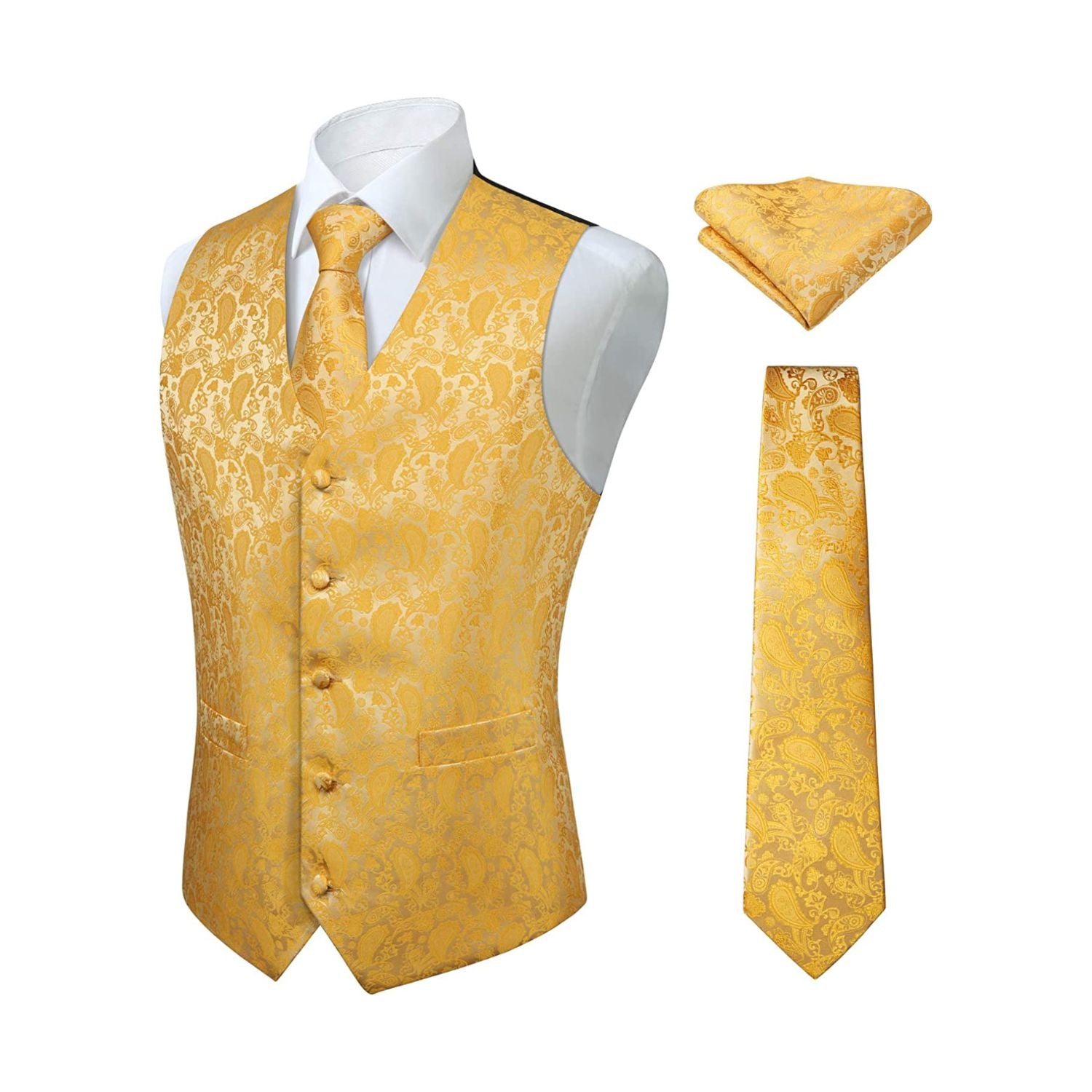 Men's Yellow Paisley Vest Tie Set For Weddings