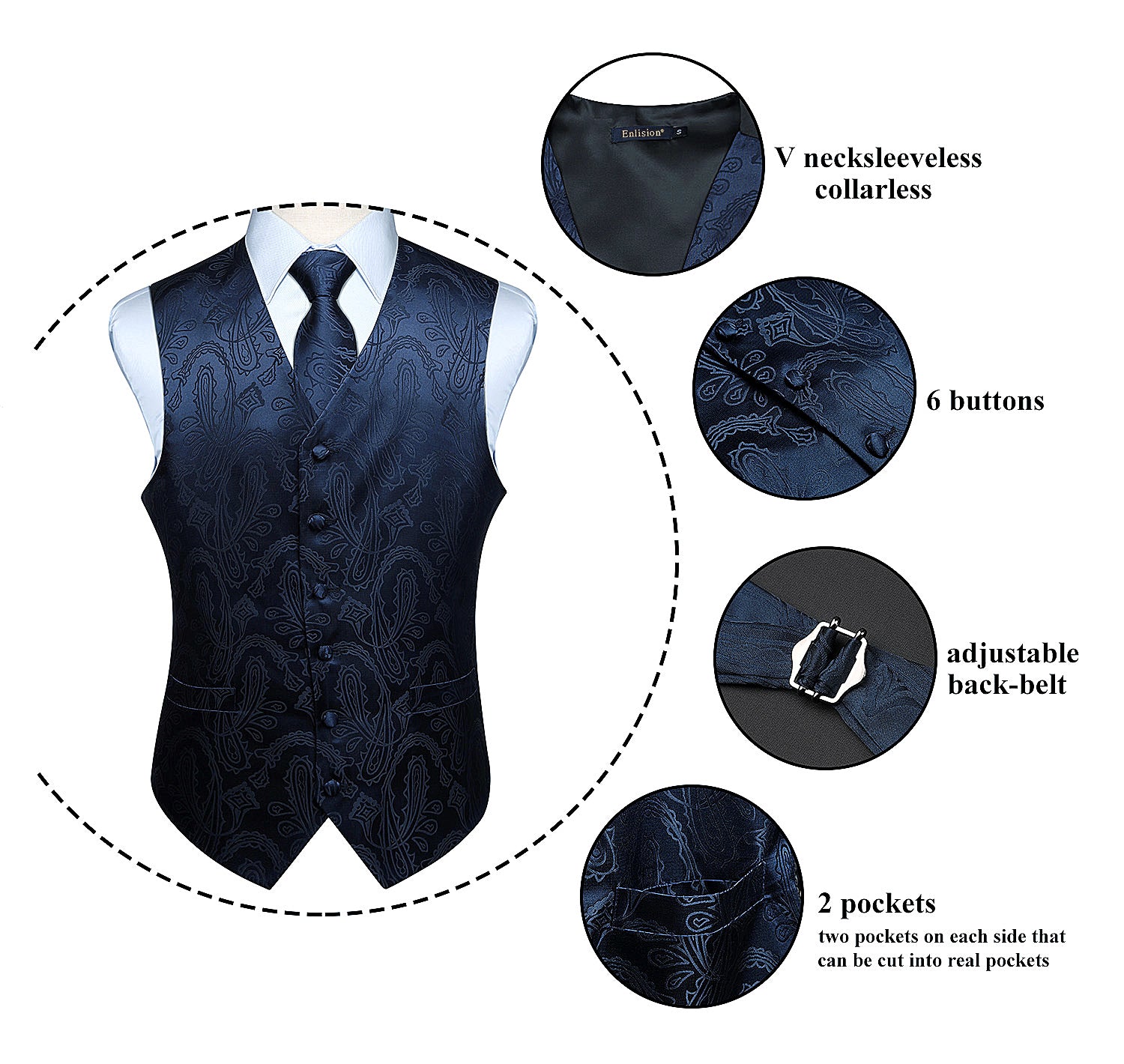 Navy Blue Paisley Suit Vest Tie Handkerchief Set For Wedding - Image 3