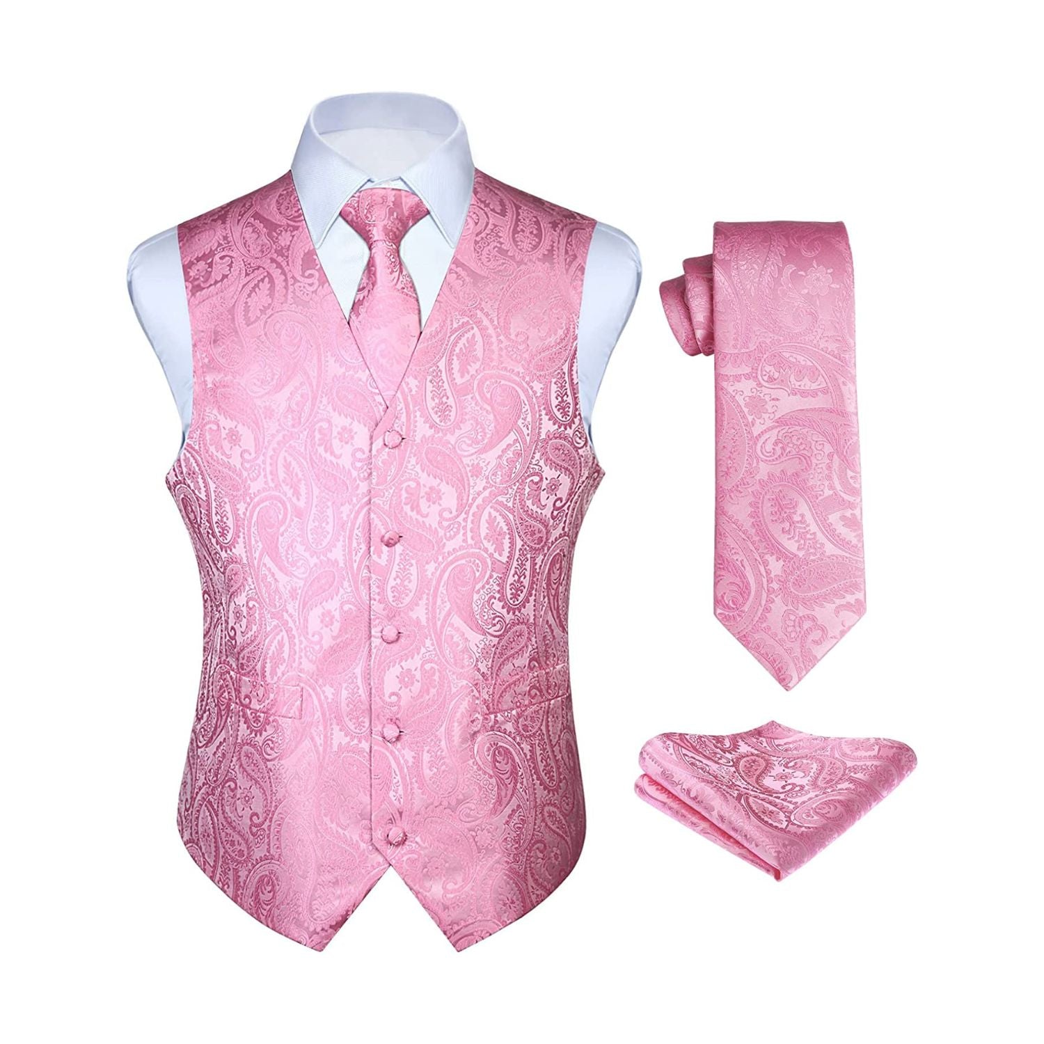 Men's Pink Paisley Vest Tie Set For Weddings Anniversary