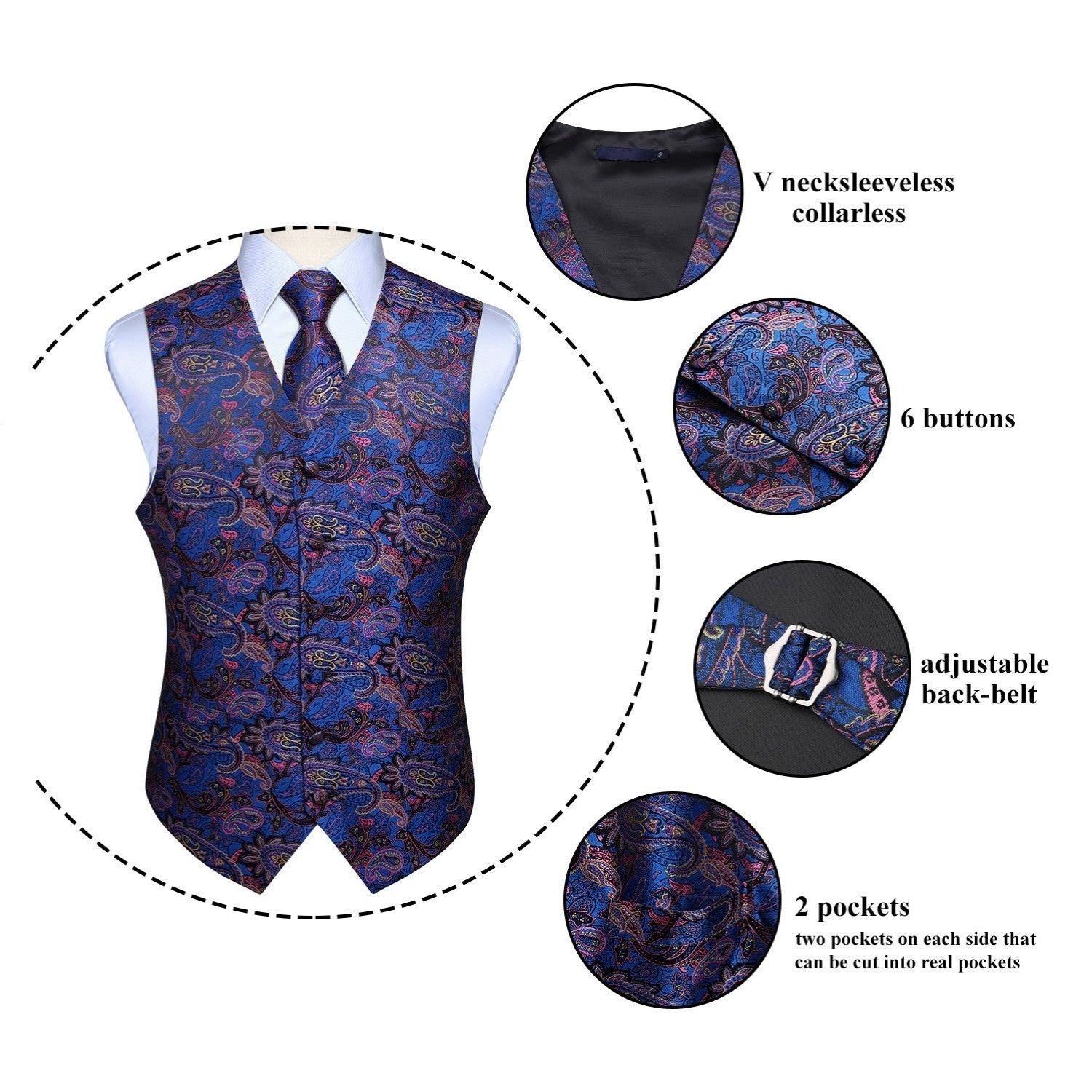 Men's Blue Pink Paisley Vest Tie Set For Weddings - Image 3