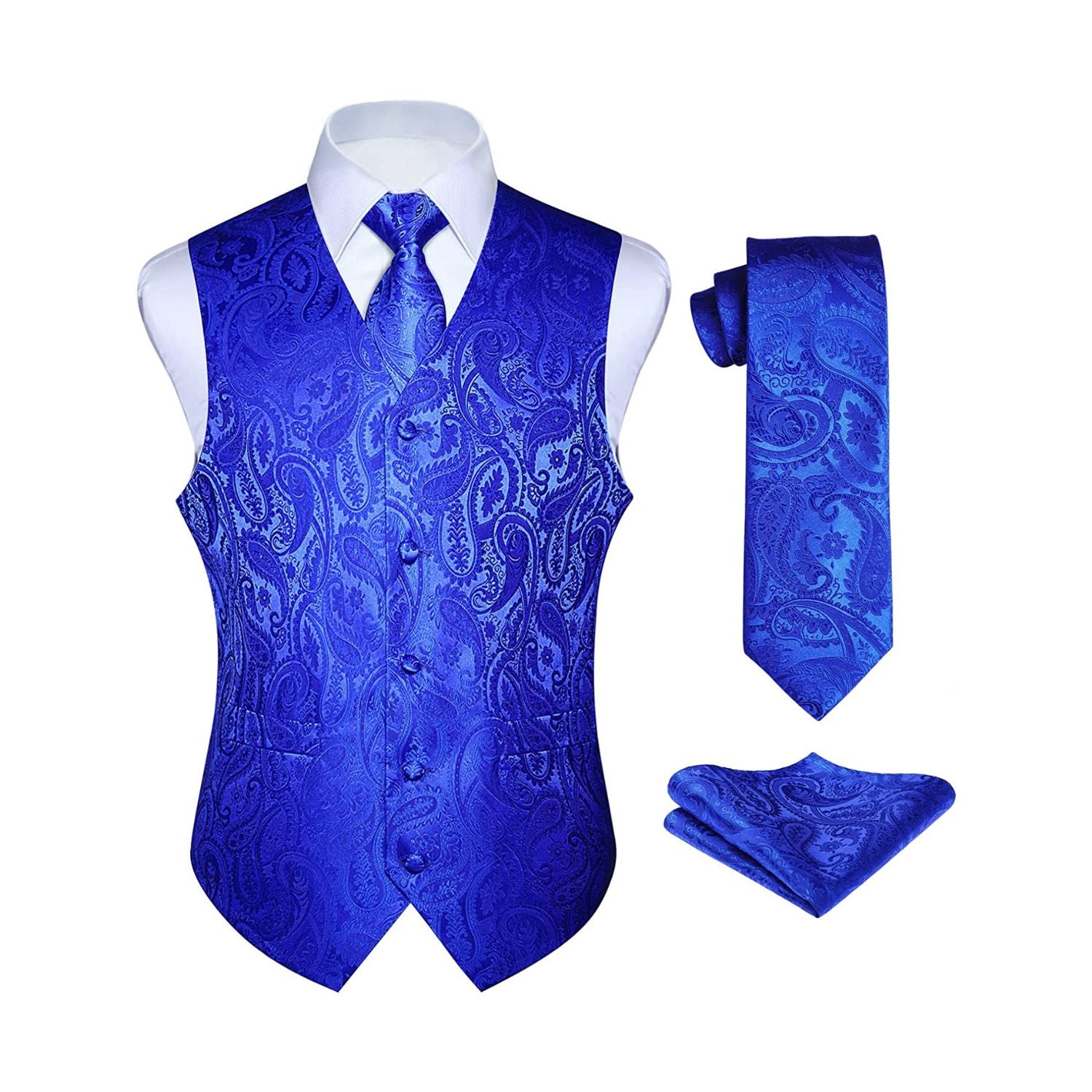 Men's Royal Blue Paisley Vest Tie Set For Weddings Anniversary