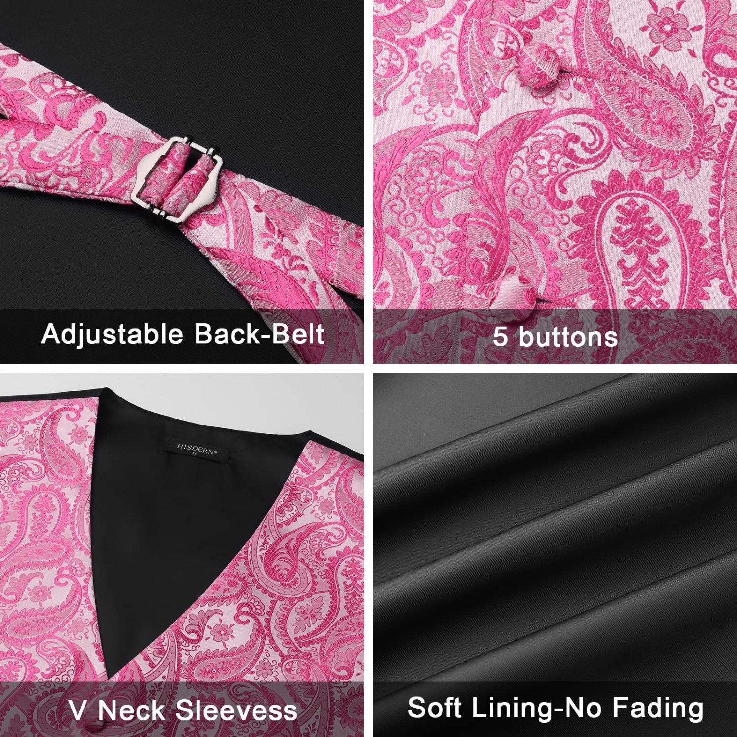 Men's Pink Paisley Vest Tie Set For Weddings Anniversary - Image 3