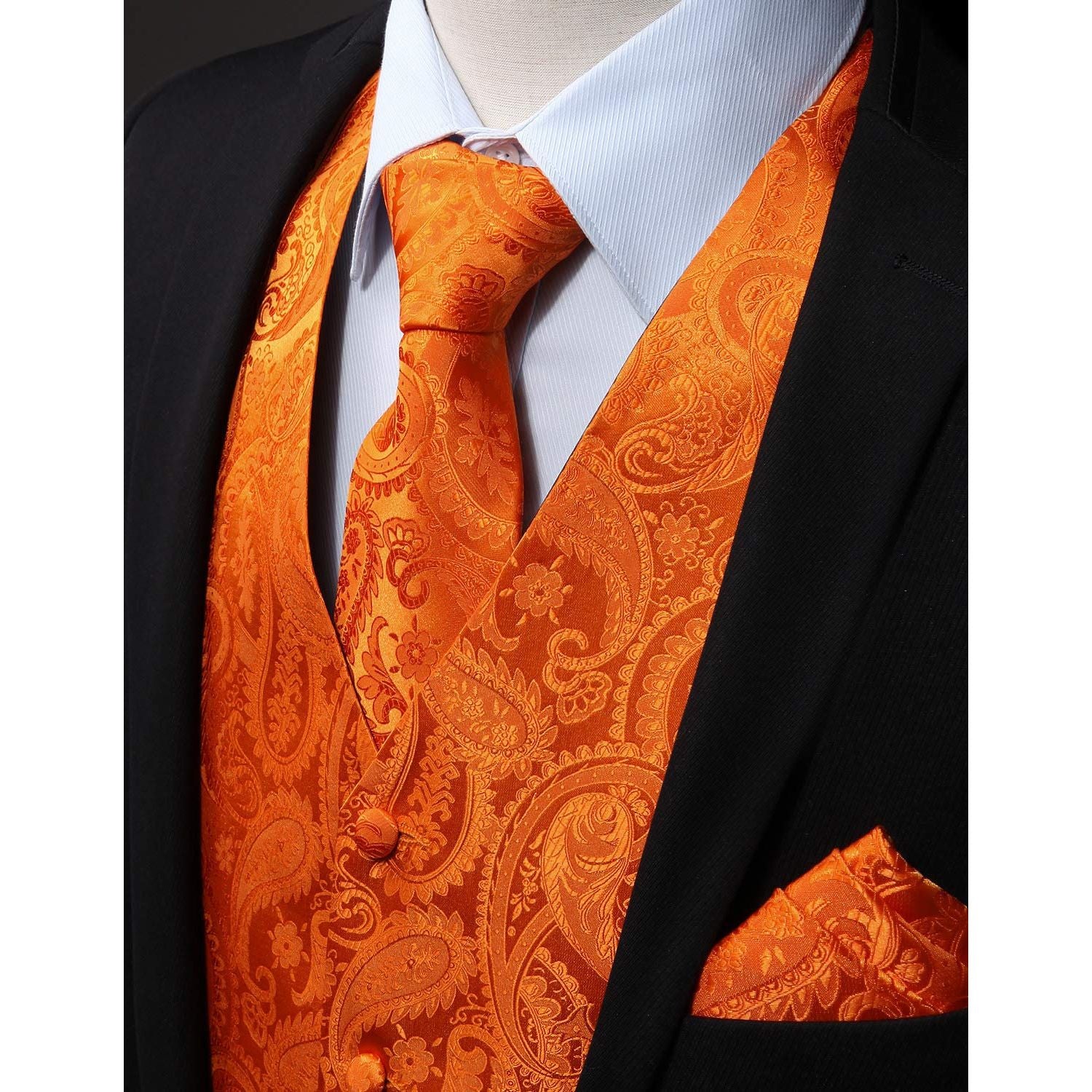 Men's Orange Paisley Vest Tie Set For Weddings - Image 2