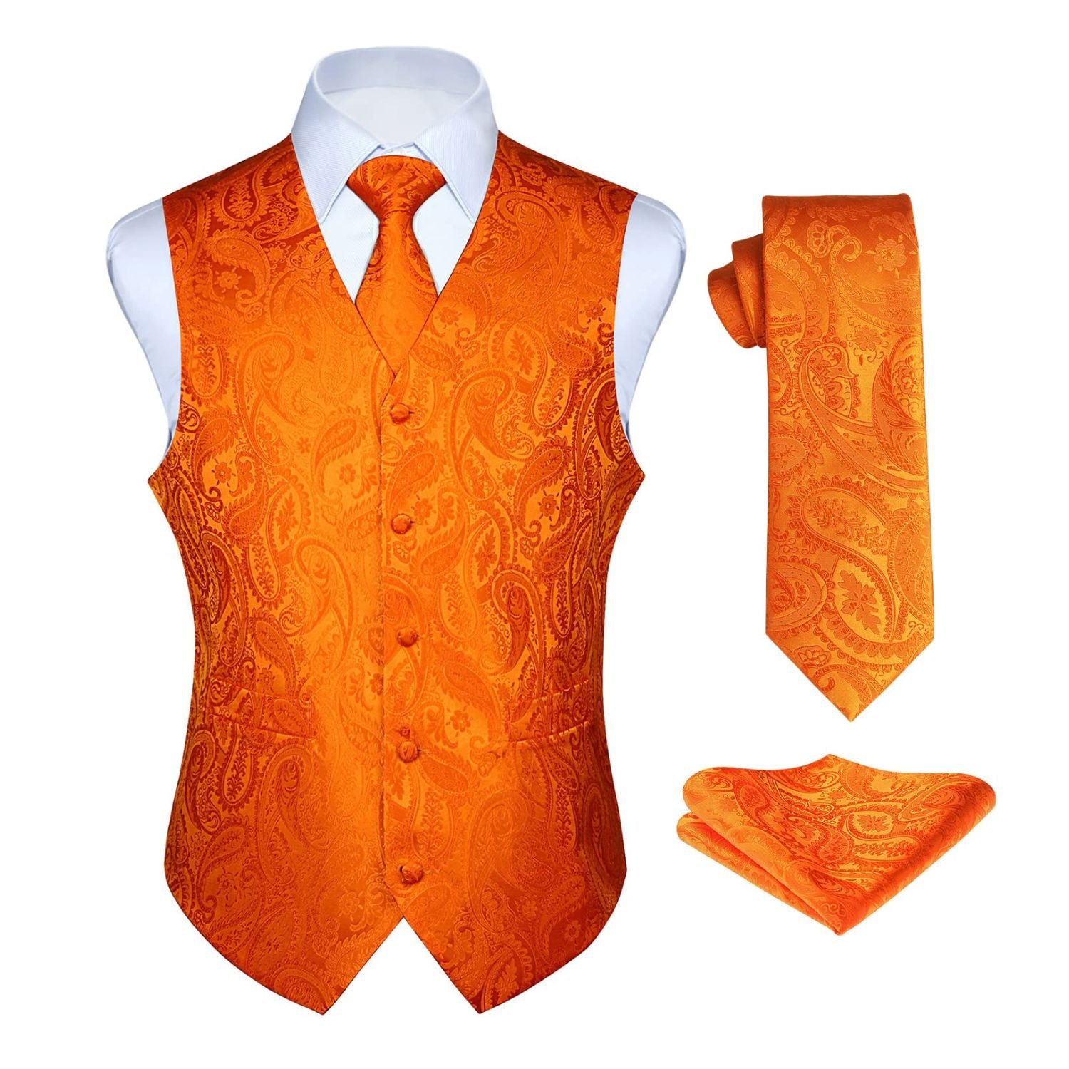 Men's Orange Paisley Vest Tie Set For Weddings