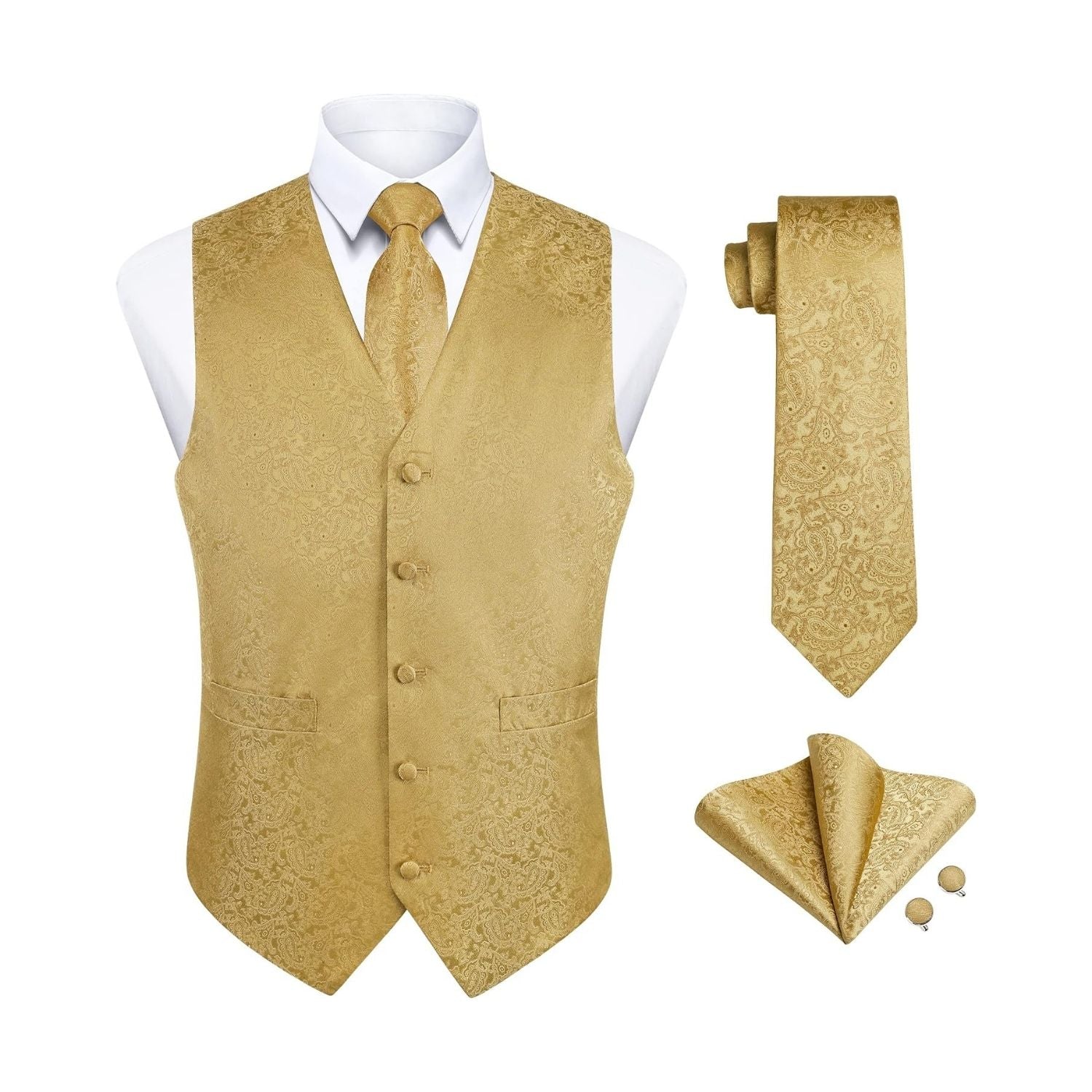 Men's Gold Paisley Vest Tie Set For Weddings