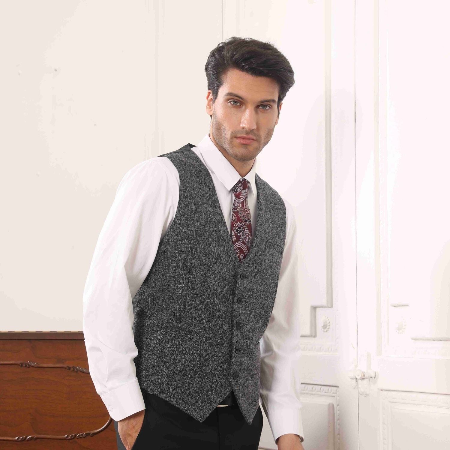 Men's Grey Wool Blend Suit Vest Formal Wear - Image 2