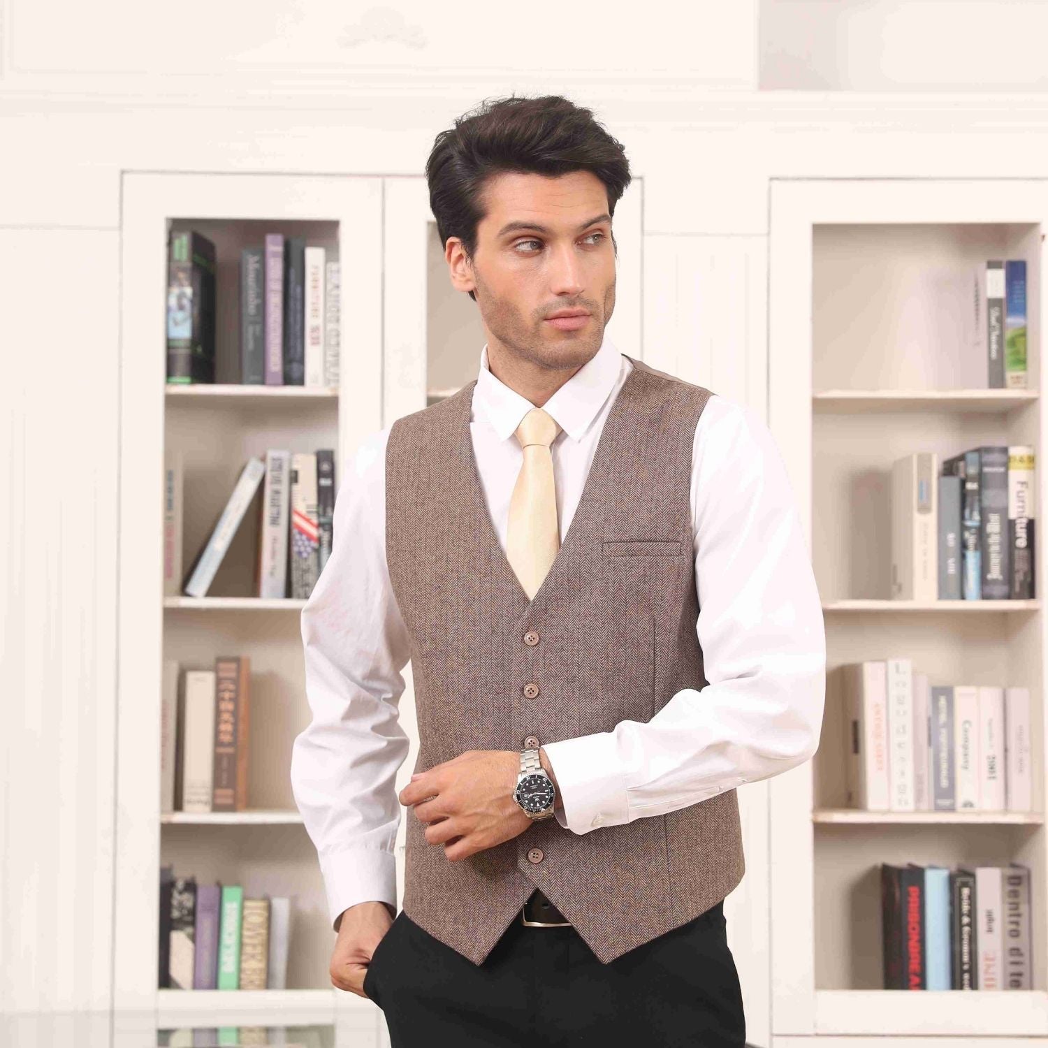 Men's Brown Wedding Vest For Skinny Guys - Image 2