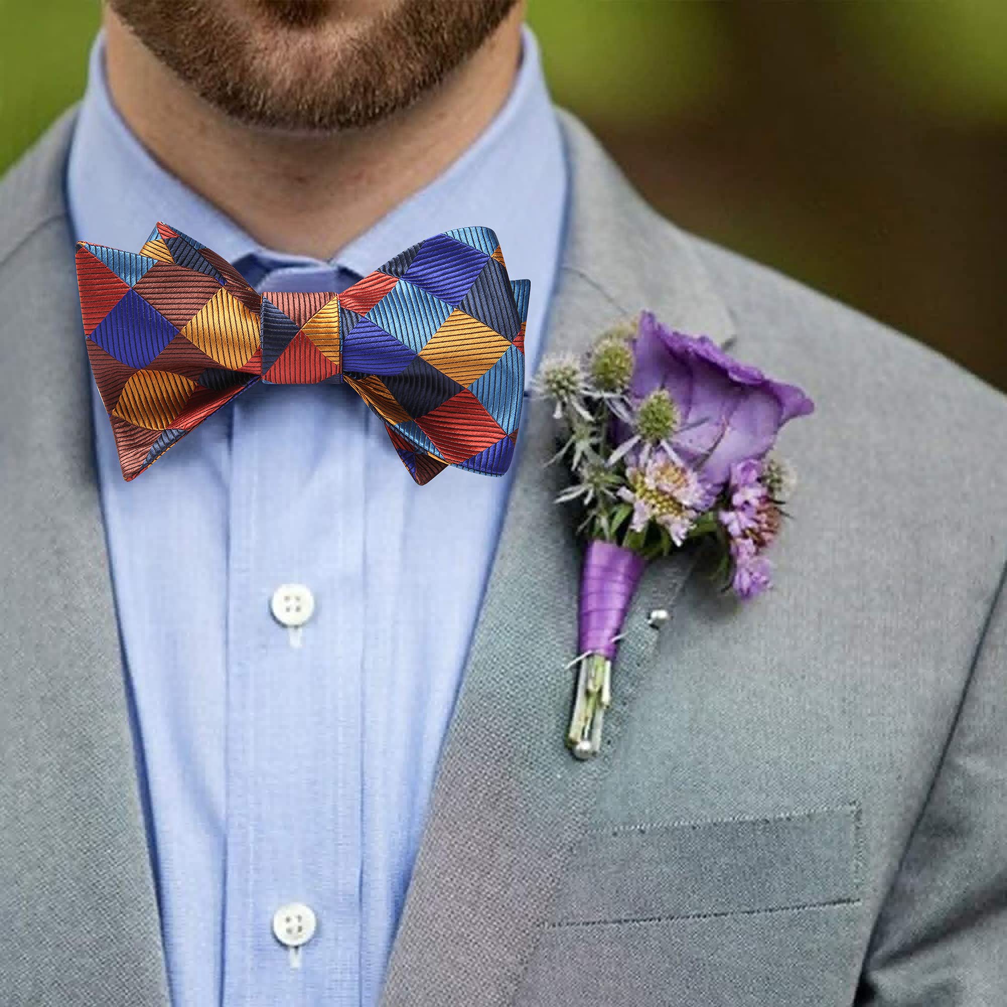 Orange Blue Plaid Bow Tie Set For Special Occasions - Image 3