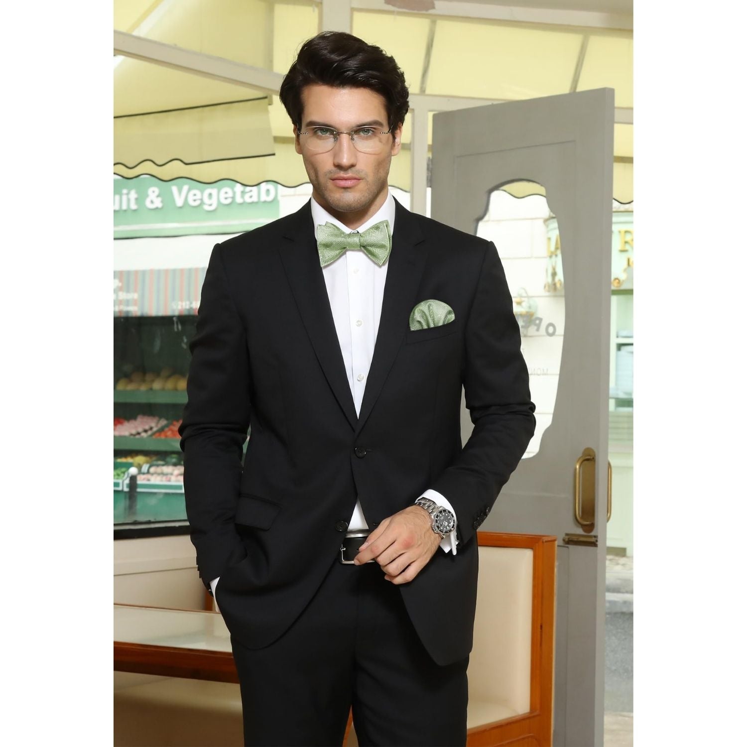Sage Green Plaid Bow Tie Accessories Set For Evening Wear - Image 3
