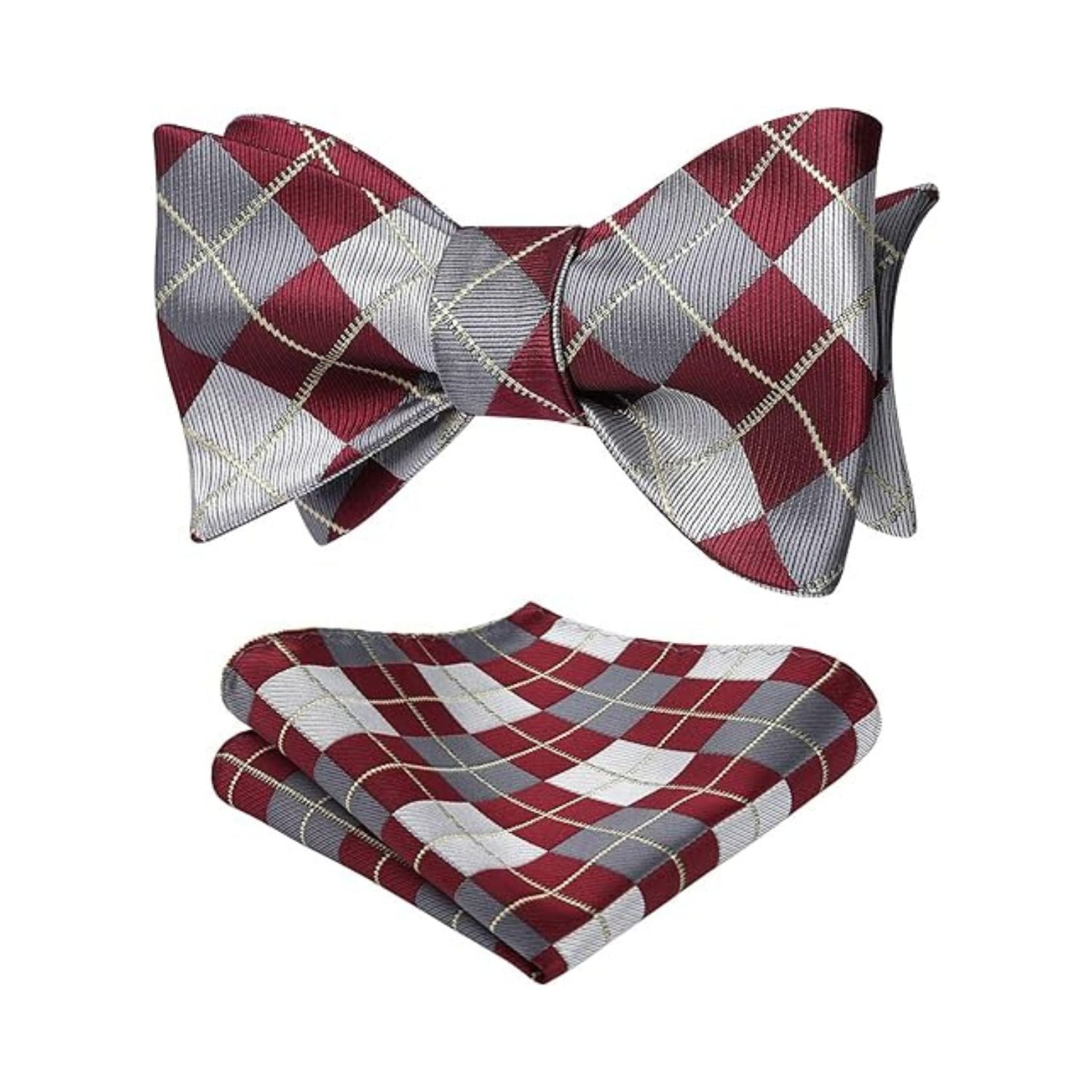 Burgundy Grey Plaid Bow Tie Set For Special Occasions