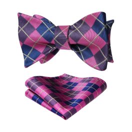 Navy Blue Pink Plaid Bow Tie Set For Special Occasions