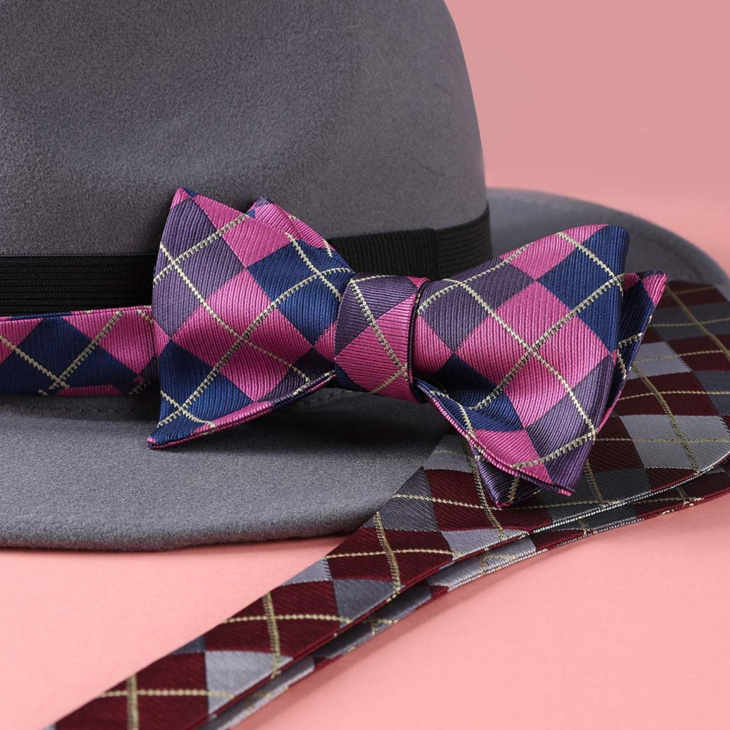 Navy Blue Pink Plaid Bow Tie Set For Special Occasions - Image 3