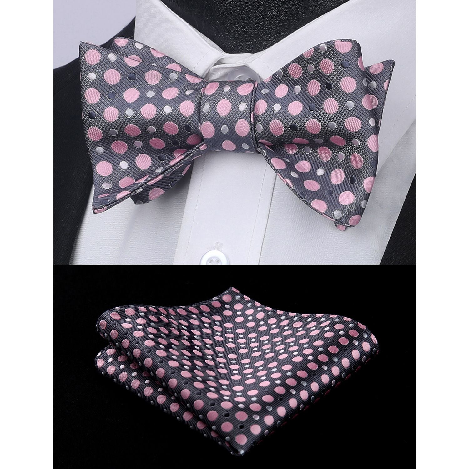 Polka Dots Grey Pink Bow Tie Set For Party Wedding - Image 2