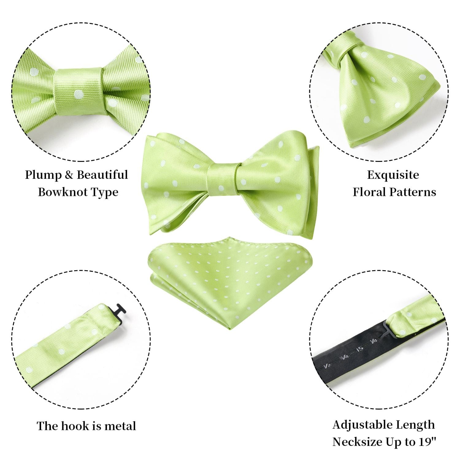 Polka Dots Green White Bow Tie Set For Party Wedding - Image 3