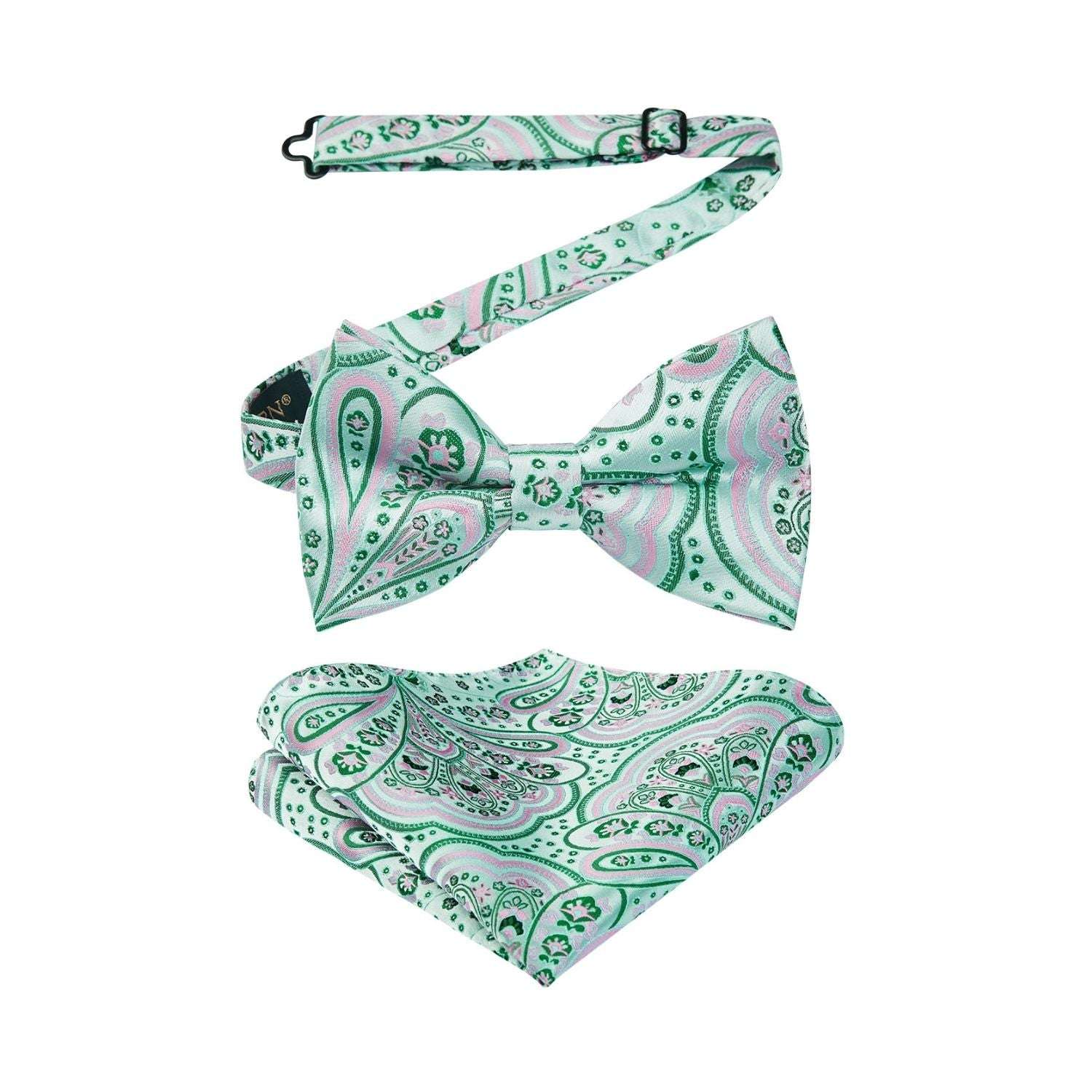 Pink Green Paisley Pre-Tied Bow Tie Set For Wedding