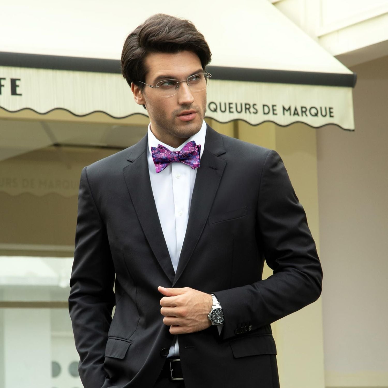 Fuschia Floral Bow Tie Set For Evening Wear - Image 2