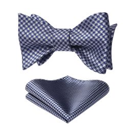 Navy Blue Grey Houndstooth Bow Tie Set For Special Occasions