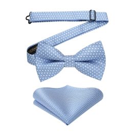 Blue Houndstooth Pre-Tied Bow Tie Set For Formal Wear