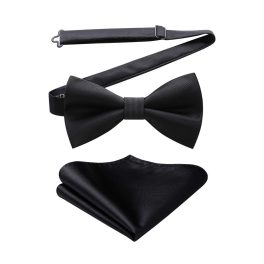 Black Solid Pre-Tied Bow Tie Accessories Set For Evening Wear