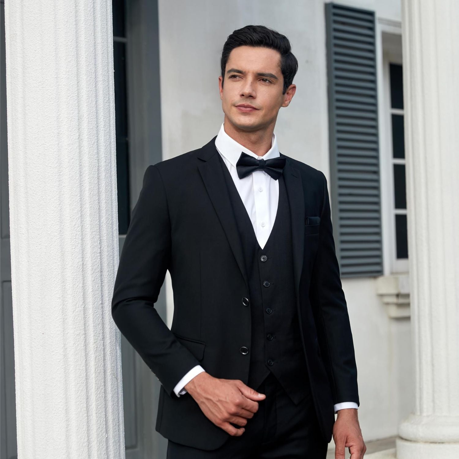 Black Solid Pre-Tied Bow Tie Accessories Set For Evening Wear - Image 2